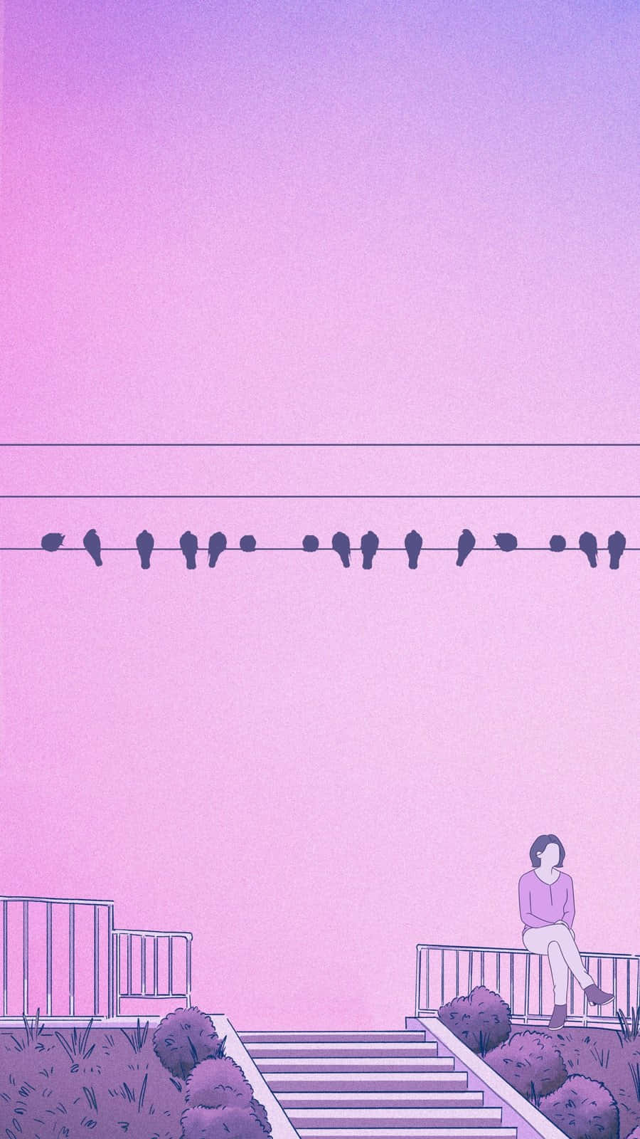 Pink Aesthetic Anime Phone 桌布 壁紙 — 一個孤獨的身影坐在欄杆上，下方是漸變紫色天空，上方鳥兒排成一線棲息。