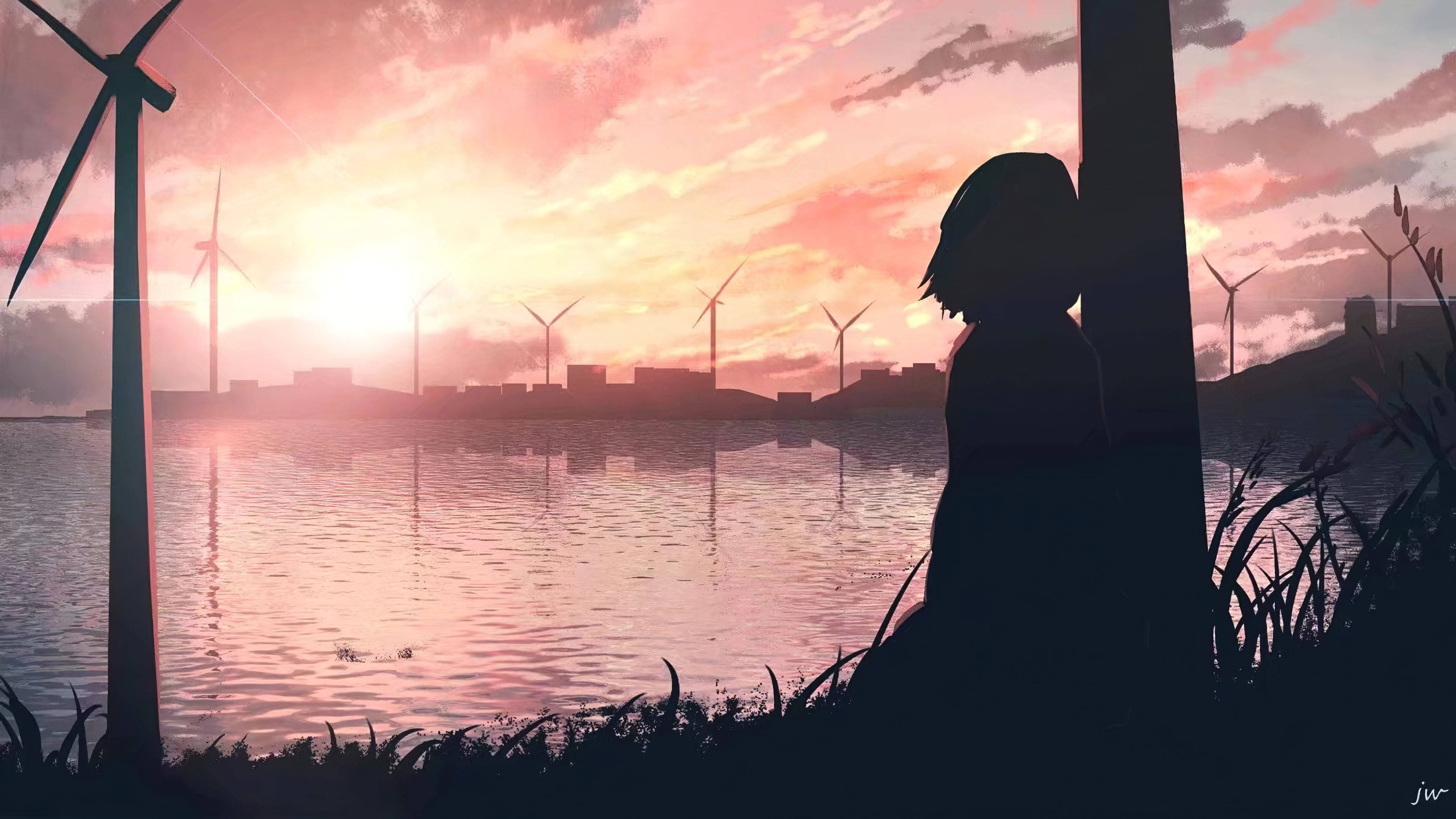 aesthetic sad anime girl 桌布 壁紙 — 一個孤獨的身影坐在水邊，風力發電機在燦爛的日落天空下矗立。