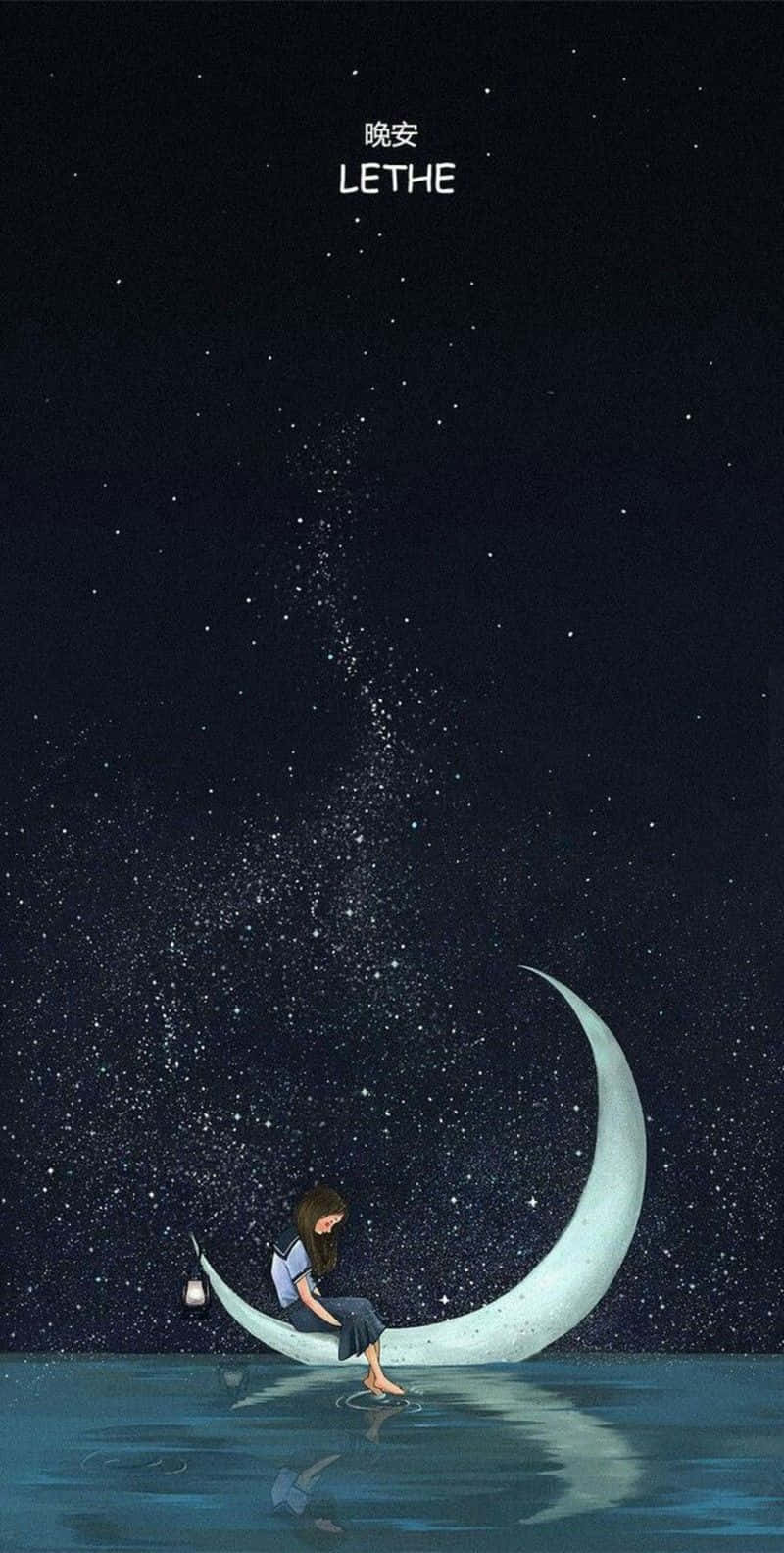 桌布 壁紙 — 一個孤獨的身影坐在漂浮在星光照耀的水面上的新月上，手持燈籠，星星從上方傾瀉而下。
