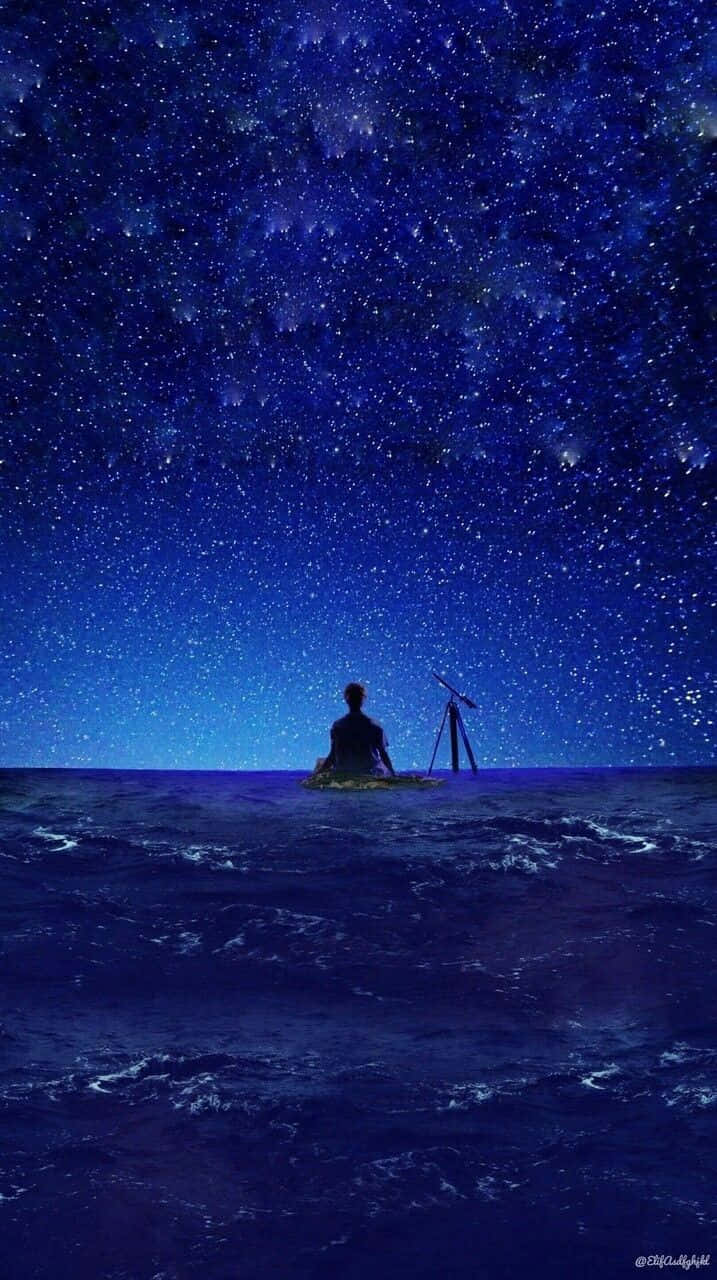 Starry Night Sky 桌布 壁紙 — 一個孤獨的身影坐在漂浮平台上，在廣闊的星空下用望遠鏡凝視宇宙。