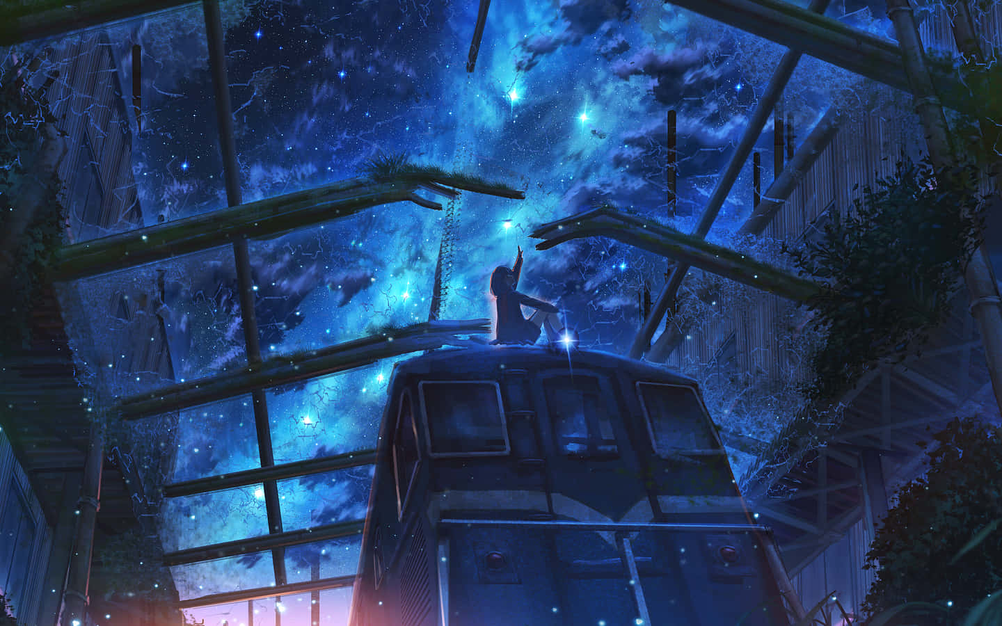 Aesthetic Night Sky 桌布 壁紙 — 一個孤獨的身影坐在火車頂上，星空藍天被腐朽的工業橫樑和藤蔓框住。
