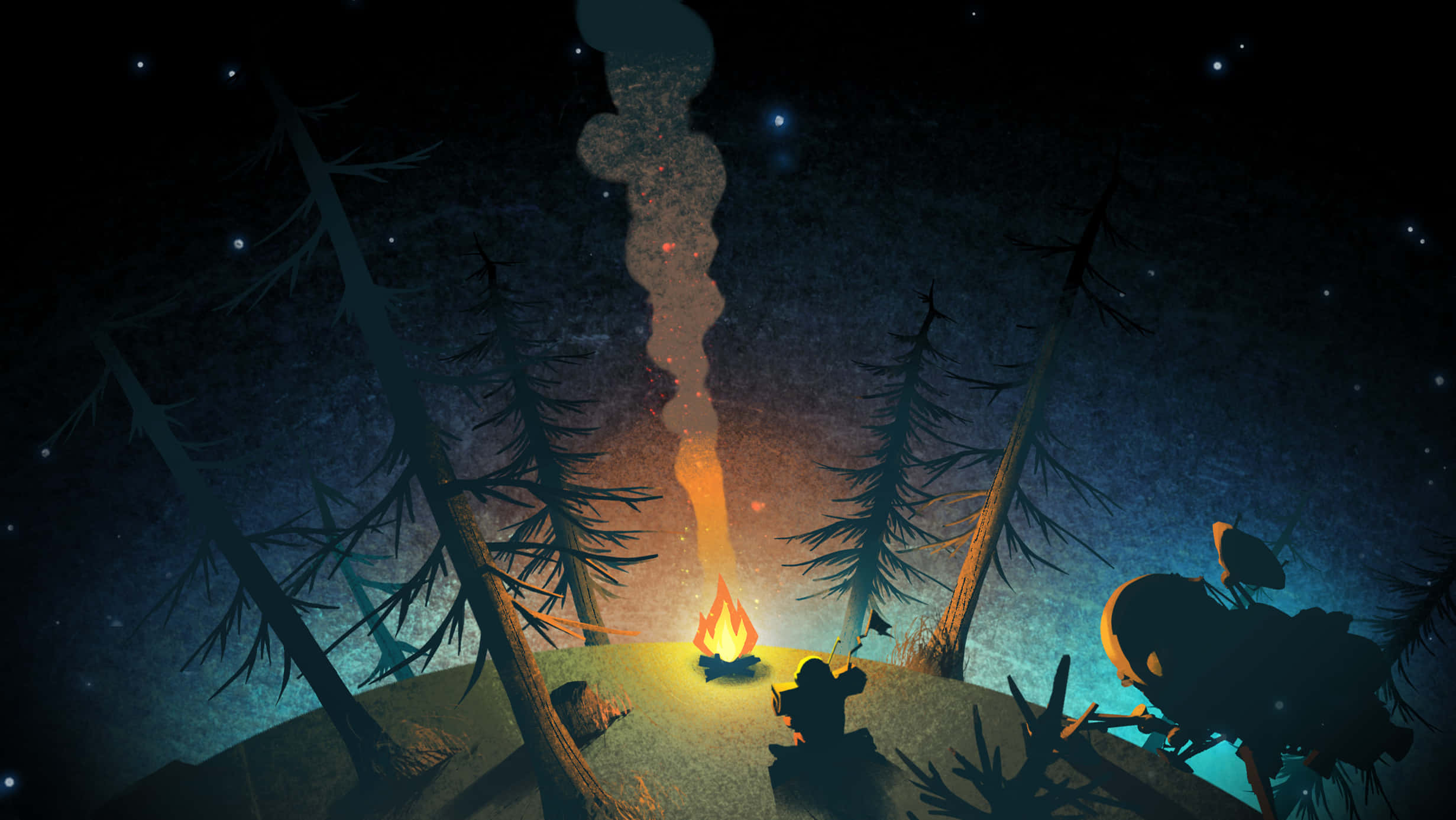 Campfire 桌布 壁紙 — 一個孤獨的身影坐在營火旁，在繁星點點的夜空下，被高大的松樹環繞，一條發光的煙霧軌跡升入宇宙。