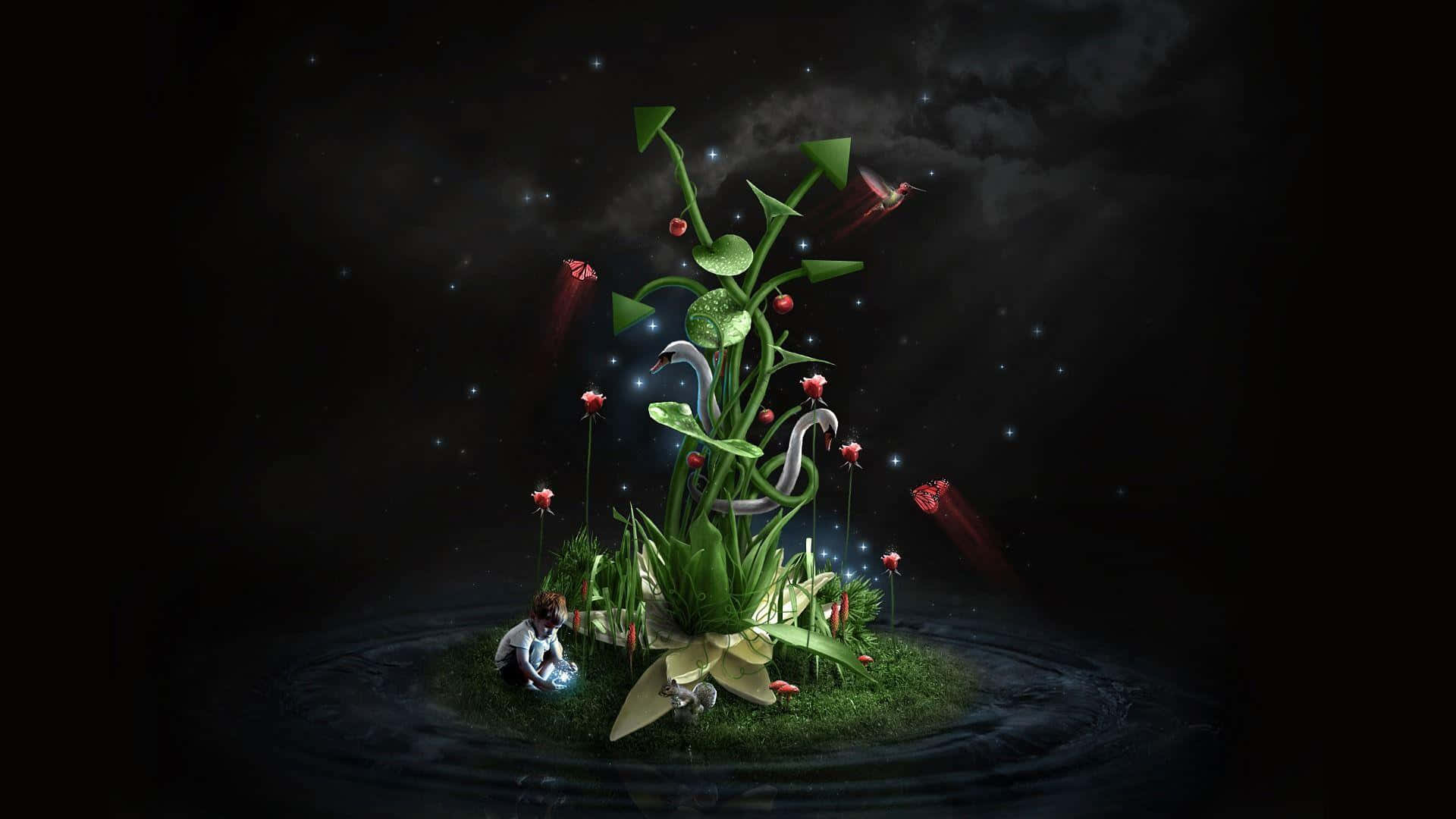 3d Fantasy 桌布 壁紙 — 一個孤獨的身影坐在發光植物的浮島上，星空下，紅色的發光蝴蝶飛舞。