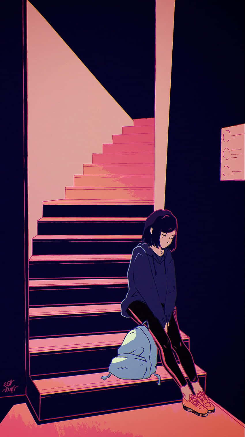 Sad Vibes 桌布 壁紙 — 一個孤獨的身影坐在發光的粉紅色樓梯上，沐浴在戲劇性的霓虹燈光中，背景是黑暗的室內牆壁。