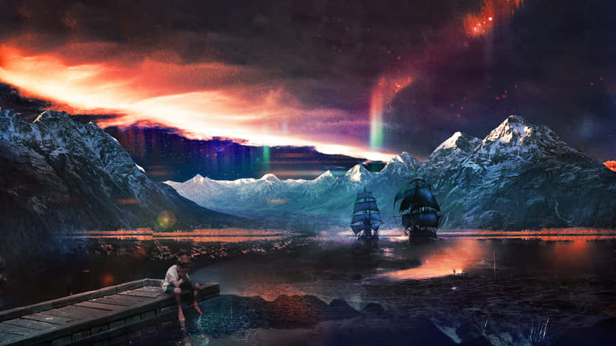 Fantasy Space 桌布 壁紙 — 一個孤獨的身影坐在碼頭上，兩艘帆船在霧氣瀰漫的湖面上滑行，背景是白雪覆蓋的山脈和熾熱的極光天空。