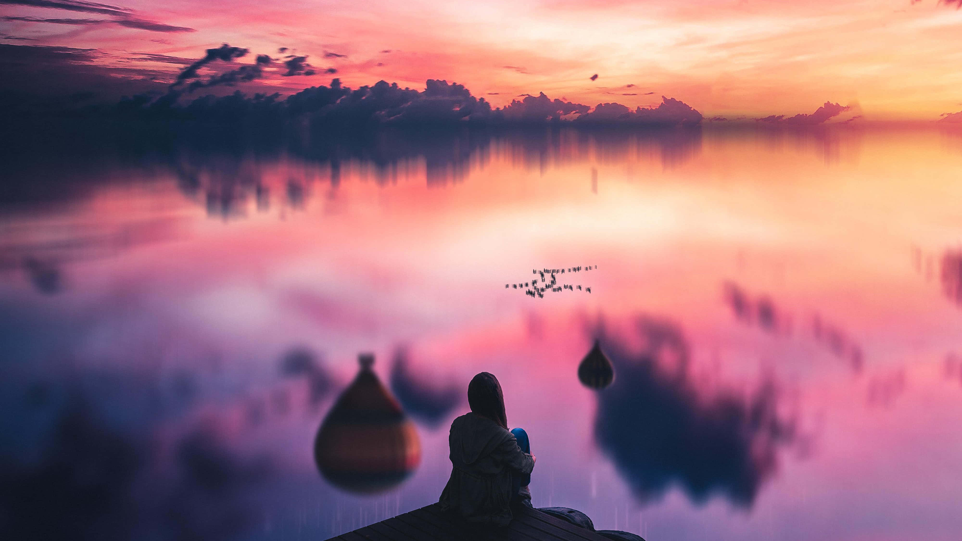 Beautiful View 桌布 壁紙 — 一個孤獨的身影坐在碼頭上，在日落時分觀看鳥兒飛過如鏡的湖面，湖面反射出火紅的粉紅和橙色雲彩。