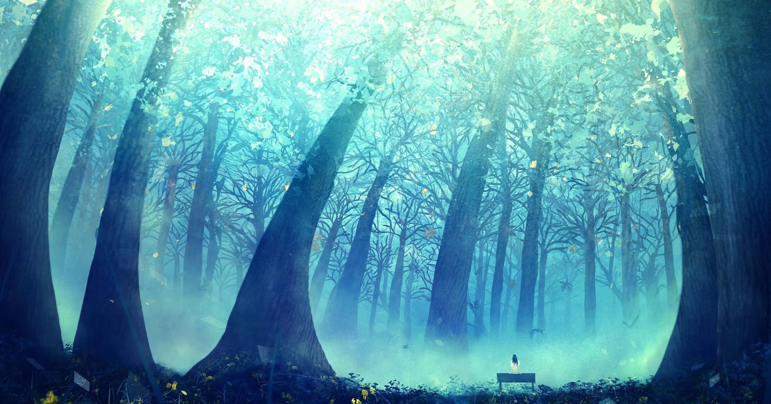 Anime Forest 桌布 壁紙 — 一個孤獨的身影坐在神秘森林的長椅上，森林沐浴在透過高聳樹木過濾的飄渺藍光中。