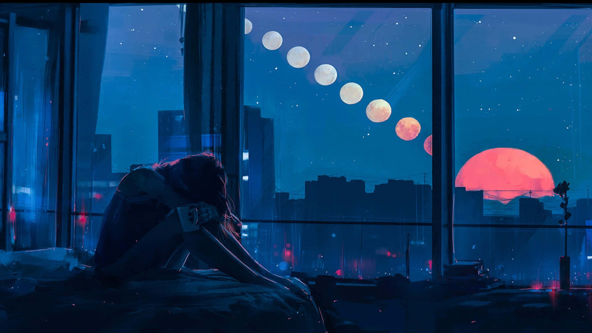 Sad Aesthetic Anime 桌布 壁紙 — 一個孤獨的身影坐在窗邊，俯瞰城市景觀，同時一系列超現實的月相弧線劃過繁星點點的夜空，伴隨著一顆發光的紅色太陽。