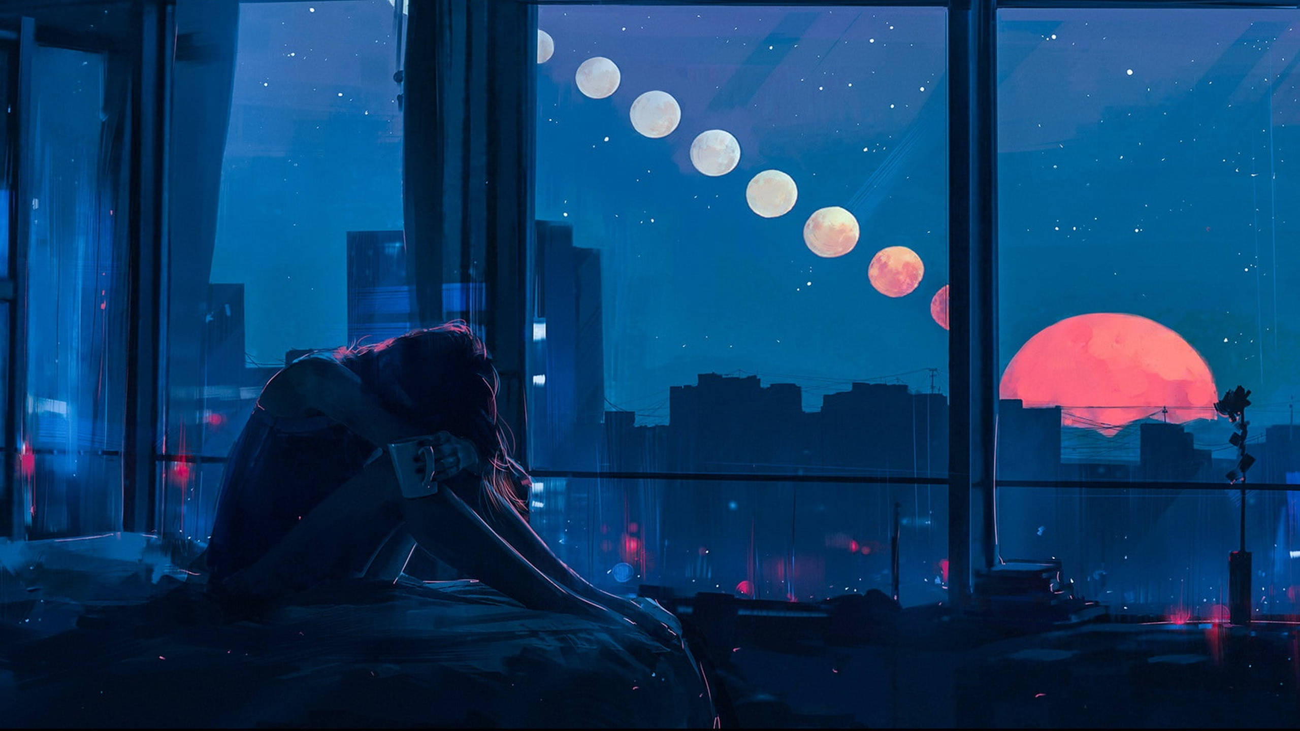 夜空 桌布 壁紙 — 一個孤獨的身影坐在窗邊，俯瞰城市景觀，而一列超現實的月亮在繁星點點的夜空升起。