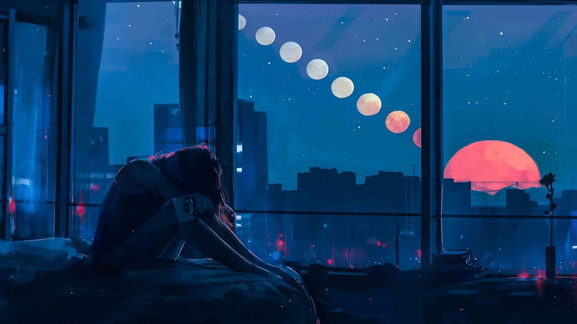 lofi 桌布 壁紙 — 一個孤獨的身影坐在窗邊，俯瞰城市景觀，一輪發光的紅月亮伴隨著一串月亮在繁星點點的夜空中升起。