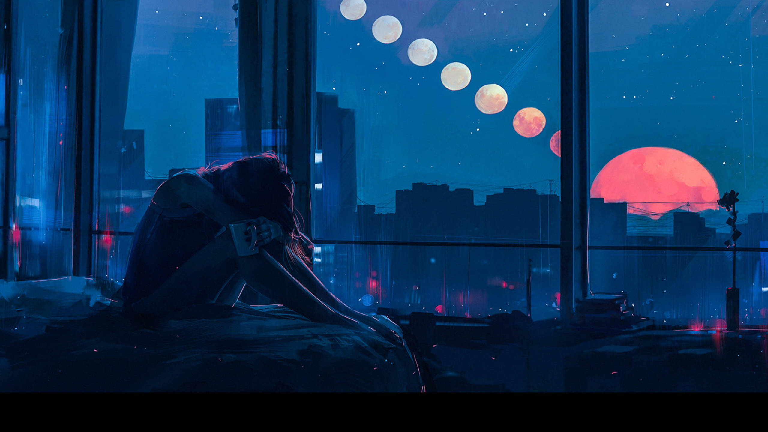 melancholy 桌布 壁紙 — 一個孤獨的身影坐在窗邊，俯瞰著霓虹城市景觀，一條超現實的月亮線在發光的紅太陽後面升起。