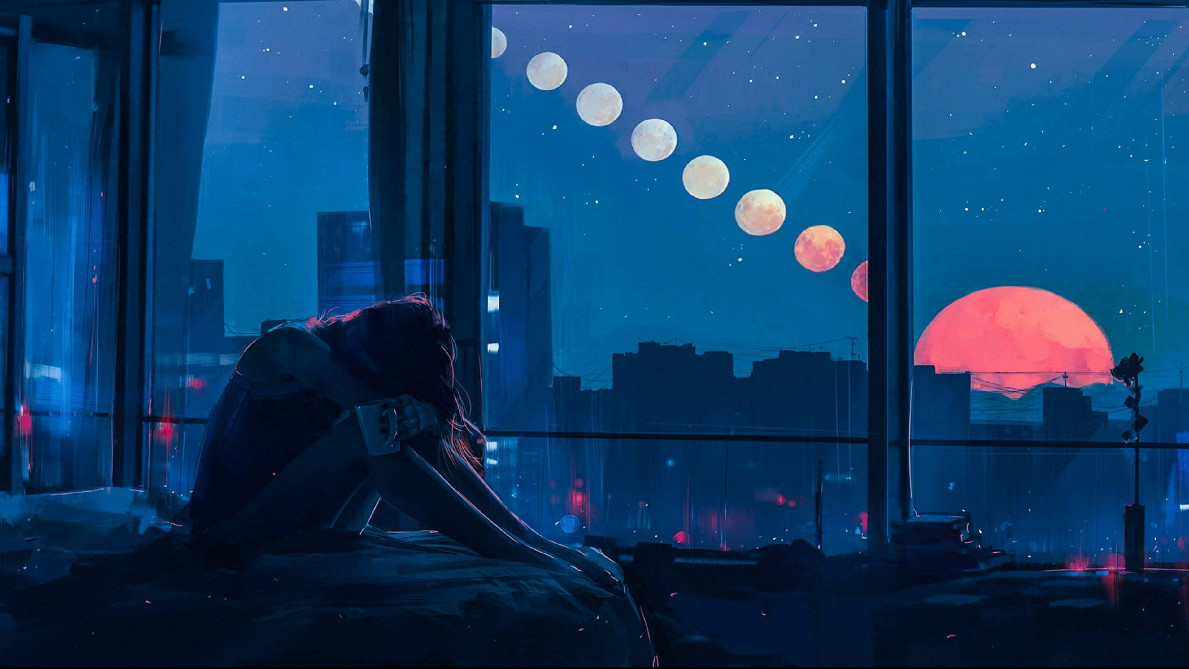 Canva 桌布 壁紙 — 一個孤獨的身影坐在窗邊，凝視著超現實的夜空，紅色的太陽和串聯的月亮懸掛在發光的城市景觀之上。