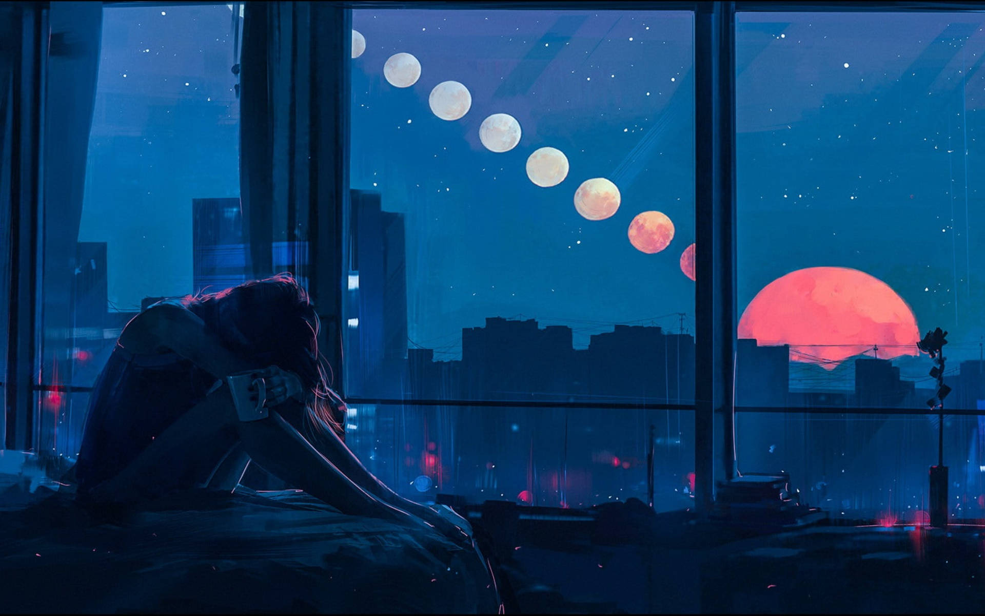 Alone 桌布 壁紙 — 一個孤獨的身影坐在窗邊，凝視著超現實的城市景觀，一顆發光的紅色太陽在一條月亮軌跡旁升起，背景是繁星點點的藍色天空。