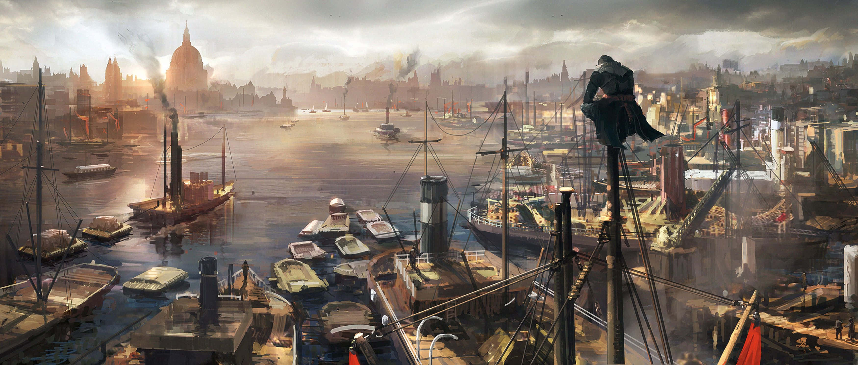 Assassin's Creed Syndicate 桌布 壁紙 — 一個孤獨的身影坐在船桅頂端，俯瞰著一個繁忙的歷史港口，港口內充滿了蒸氣船和停泊的船隻，背景是朦朧的金色日落。