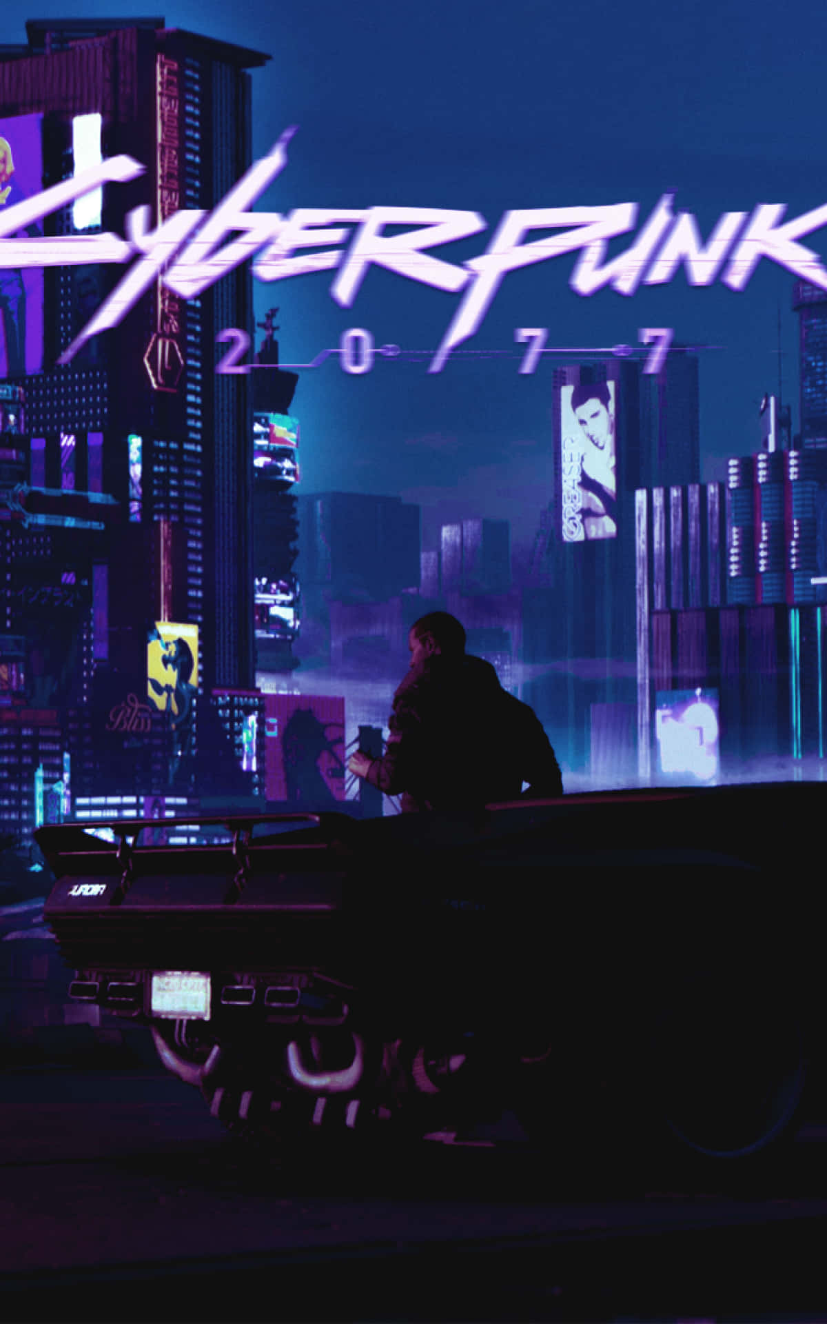 Pixel 3xl Cyberpunk 2077 桌布 壁紙 — 一個孤獨的身影坐在車頂上，身處霓虹燈閃爍的賽博龐克城市景觀中，夜晚高聳的摩天大樓和發光的廣告牌環繞四周。
