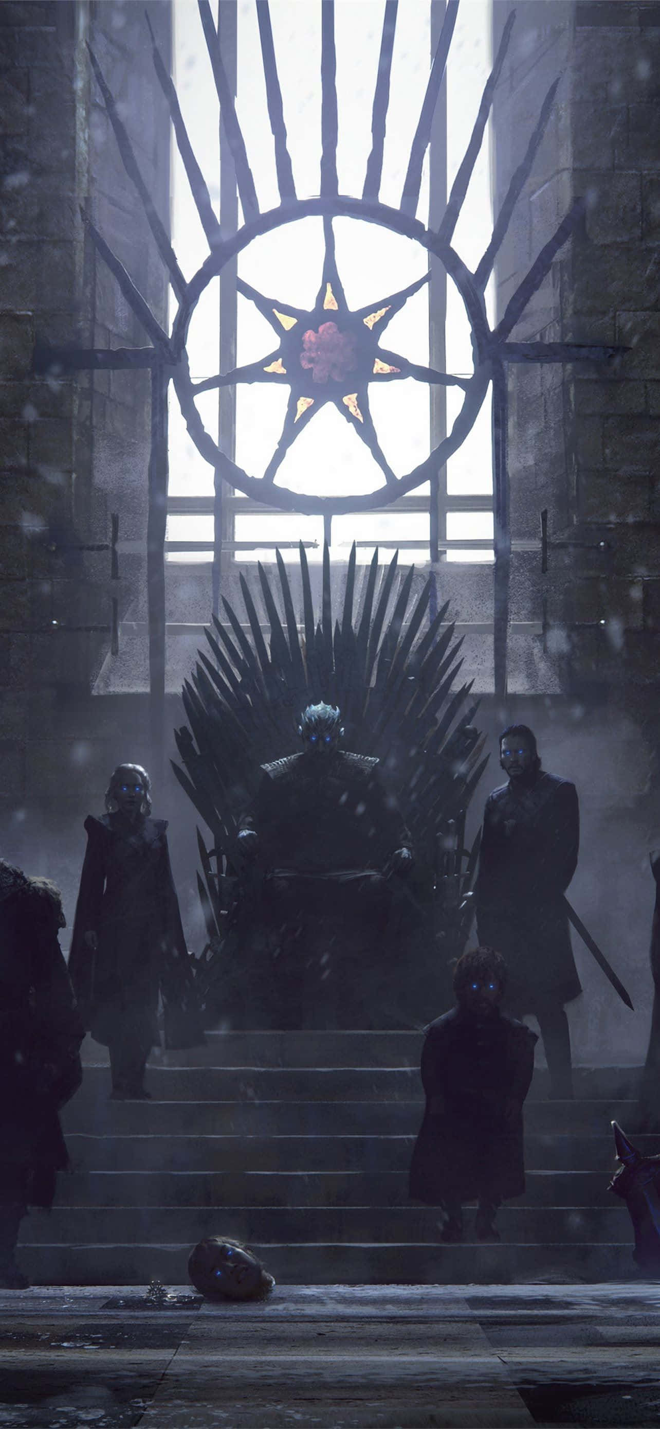 Game Of Thrones iPhone 桌布 壁紙 — 一個孤獨的身影坐在鐵王座上，身處昏暗的石廳，兩旁有陰影守衛，上方是巨大的陽光窗戶。