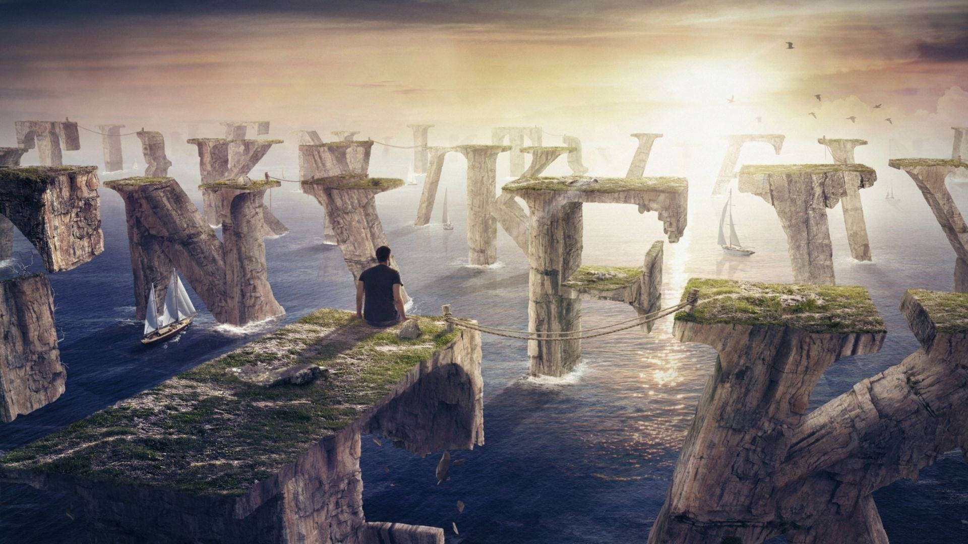 字母動畫 桌布 壁紙 — 一個孤獨的身影坐在長滿青苔的懸崖上，俯瞰著超現實的海洋，海上有漂浮的岩石 formations 和帆船，背景是金色的日落。