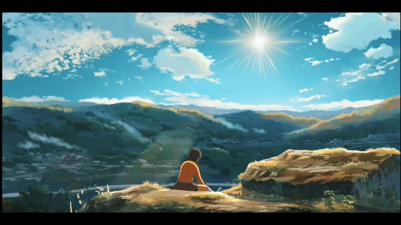 Beautiful Anime Scenery 桌布 壁紙 — 一個孤獨的身影坐在陽光普照的懸崖頂上，俯瞰著一個山谷，山谷中有連綿起伏的丘陵和一個遙遠的小鎮，頭頂是明亮的藍天和蓬鬆的白雲。
