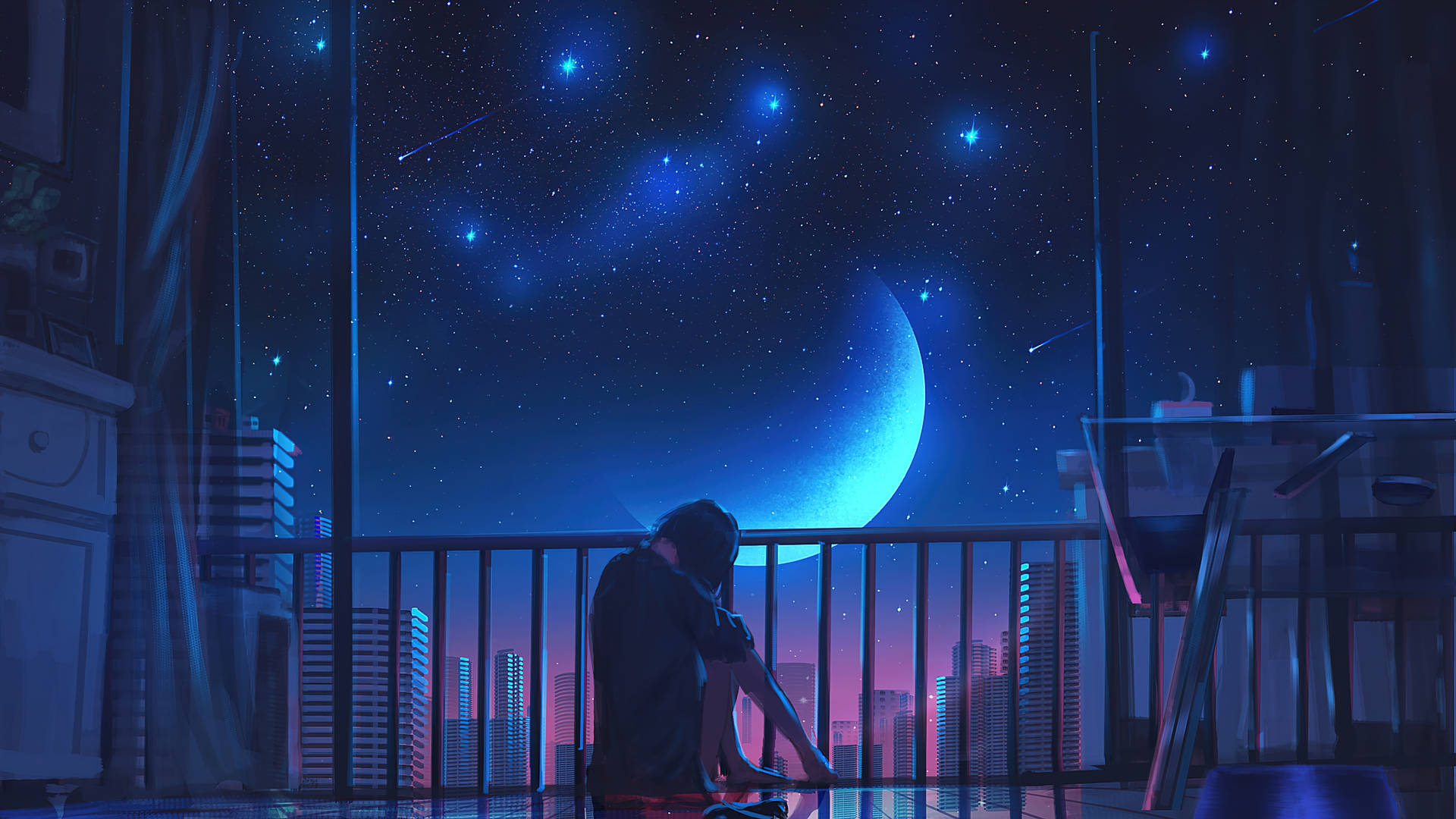 人坐在陽台上，俯瞰著星空下發光的城市，伴隨著彎月。 — 動畫風景 壁紙