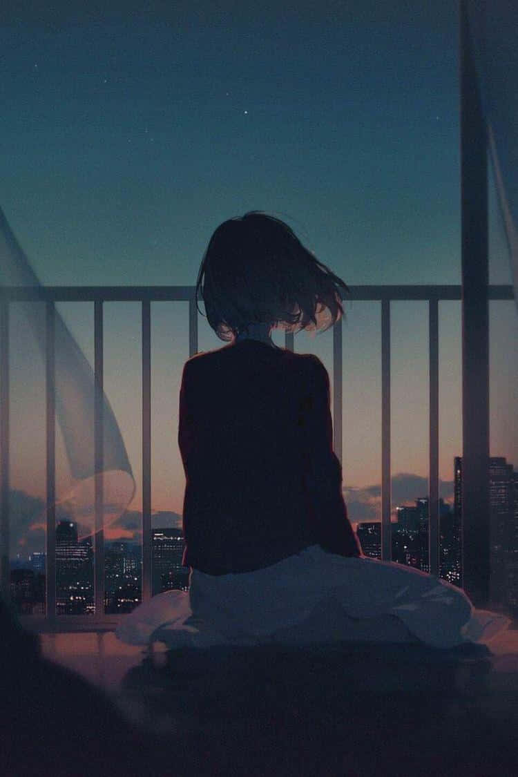 lofi 桌布 壁紙 — 一個孤獨的身影坐在陽台上，在暮色中凝視著星空下閃爍的城市景觀。