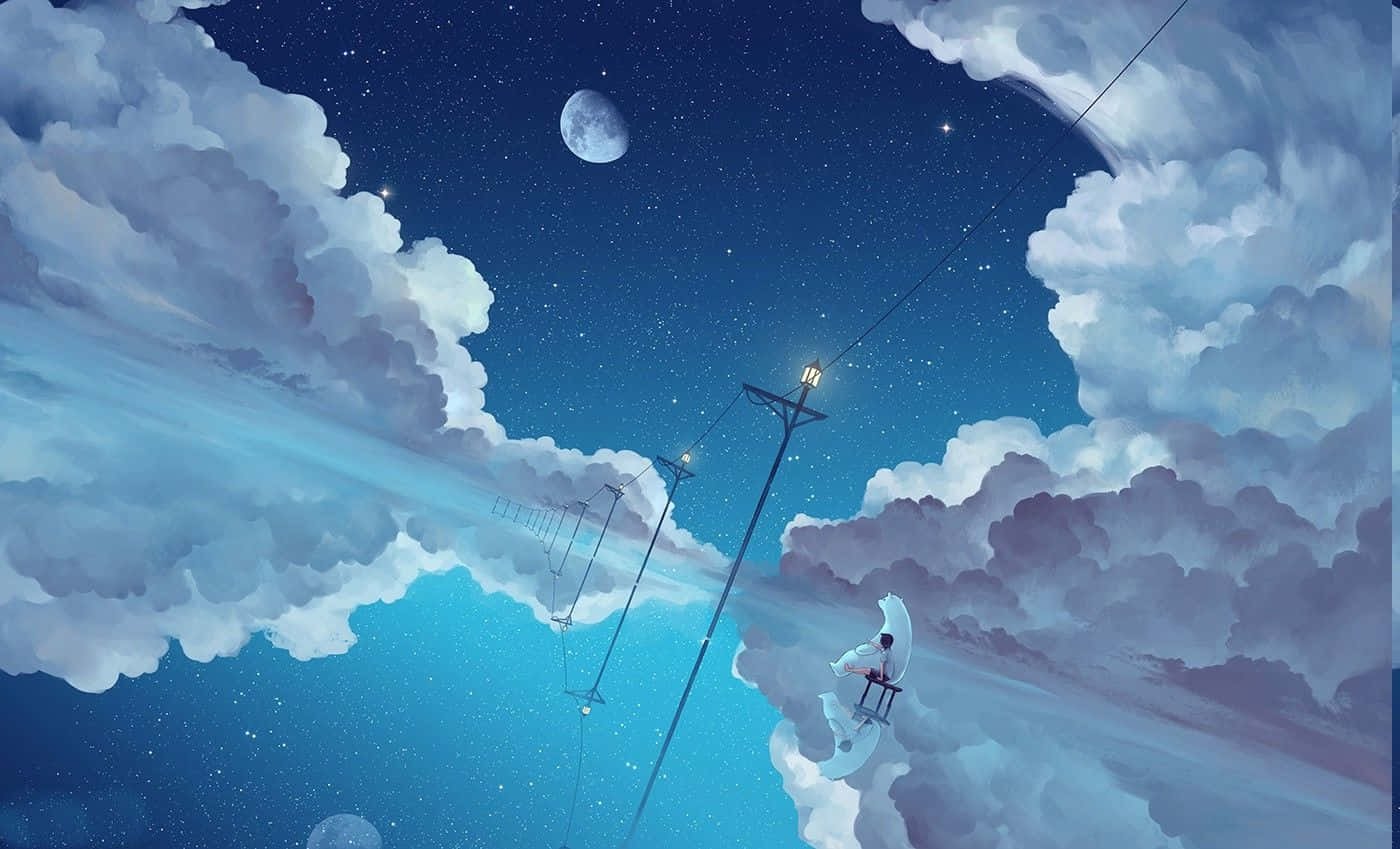 動漫風格 桌布 壁紙 — 一個孤獨的身影坐在雲上，下方是繁星點點的夜空，有新月和發光的街燈懸掛在蓬鬆的雲朵之間。