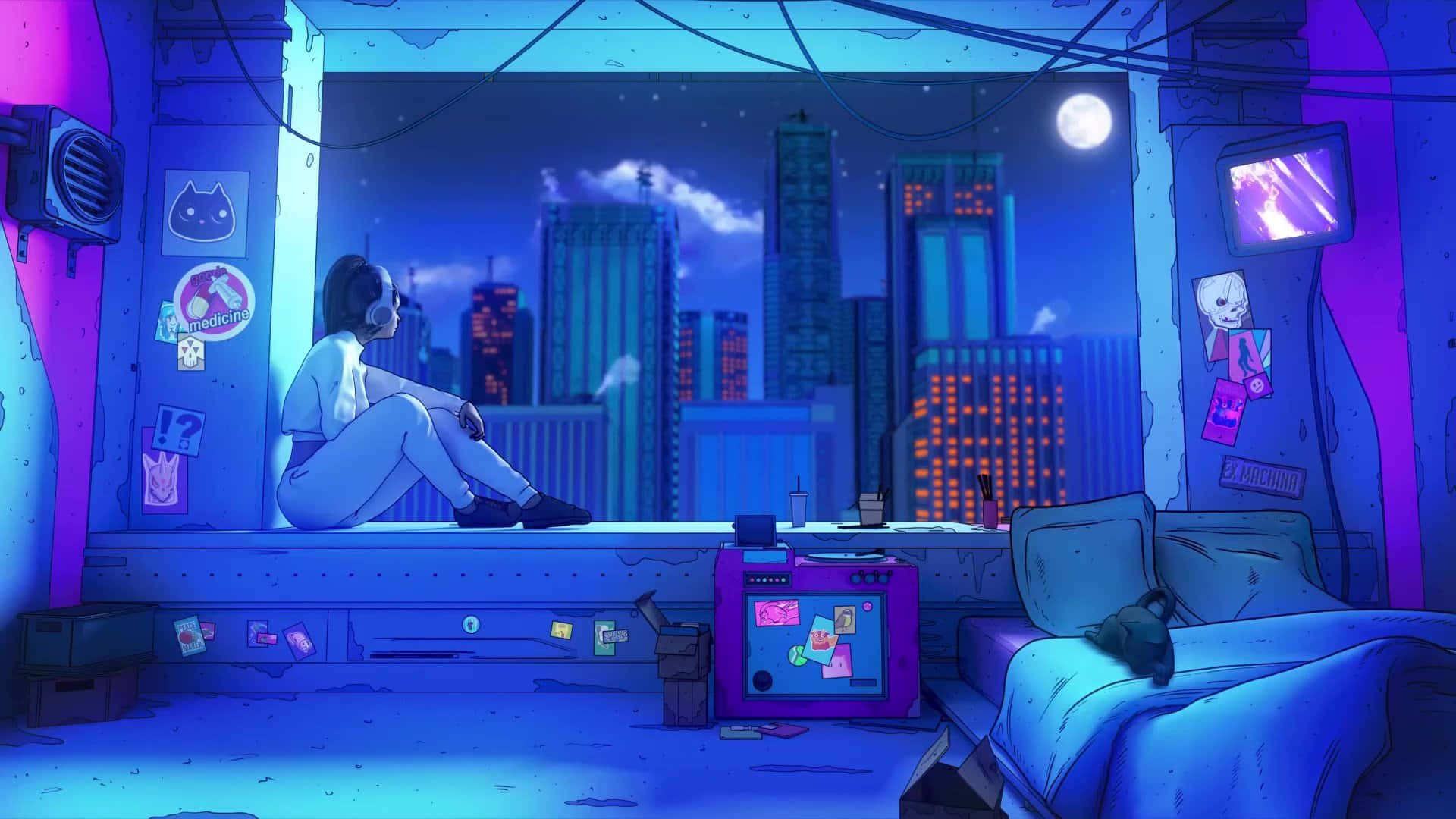 Anime Girl Aesthetic 桌布 壁紙 — 一個孤獨的身影坐在霓虹燈光籠罩的臥室窗台上，俯瞰著滿月下閃爍的城市景觀。