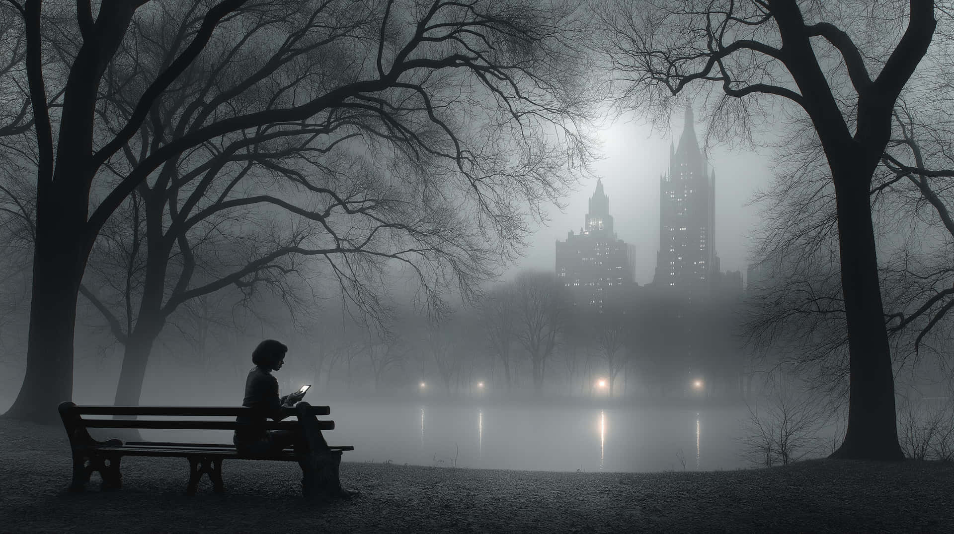 Misty Park Solitude: Figure on Bench by Reflective Lake 壁紙 — 一個孤獨的身影坐在霧氣瀰漫的公園長椅上，周圍是光禿禿的樹木，遠處的城市摩天大樓在霧中閃爍。