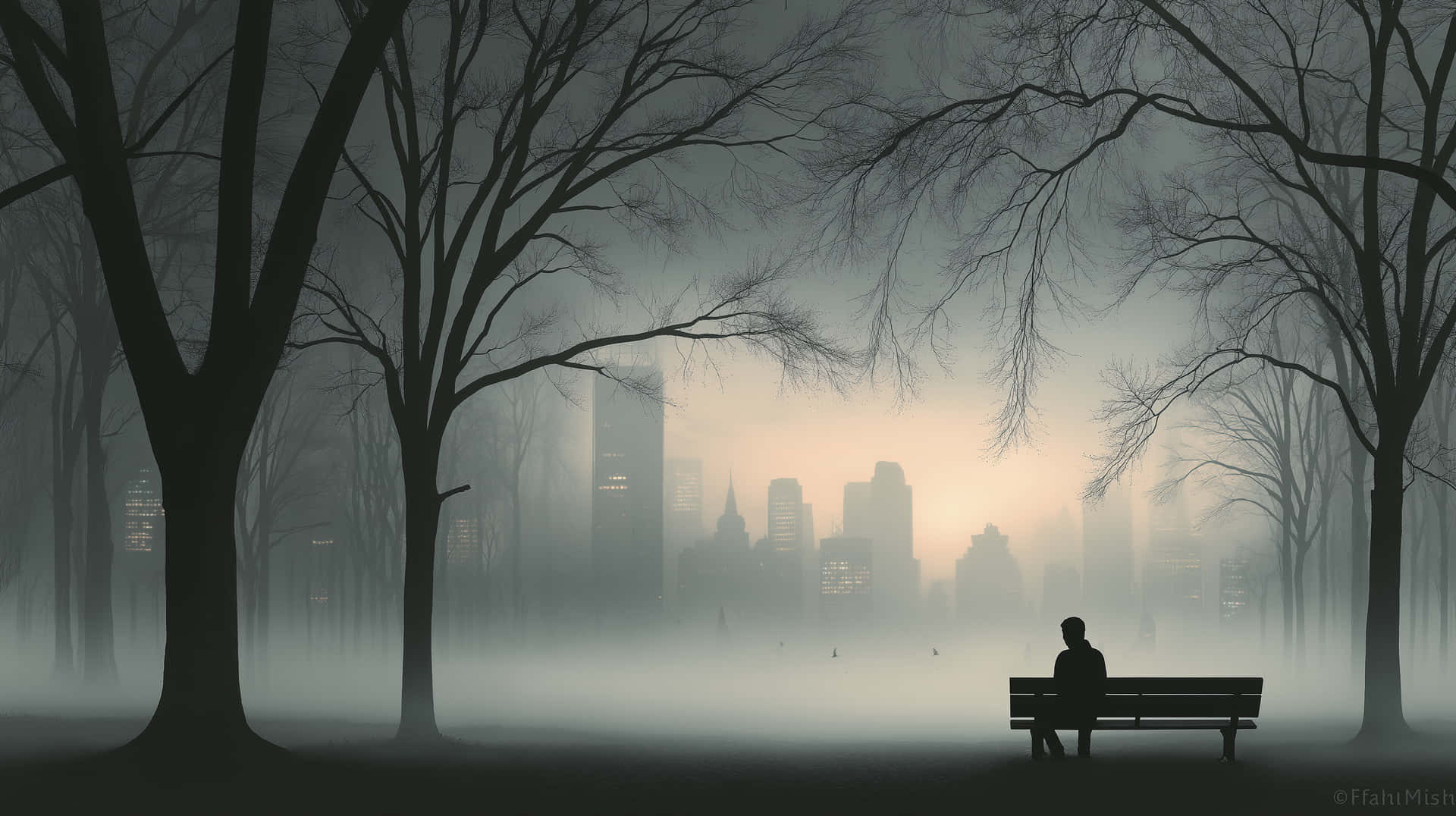 Solitary Figure on Bench Facing Foggy Cityscape Horizon 壁紙 — 一個孤獨的身影坐在霧氣瀰漫的公園長椅上，光禿的樹木框住遠處的城市天際線，在柔和的晨光中閃耀。