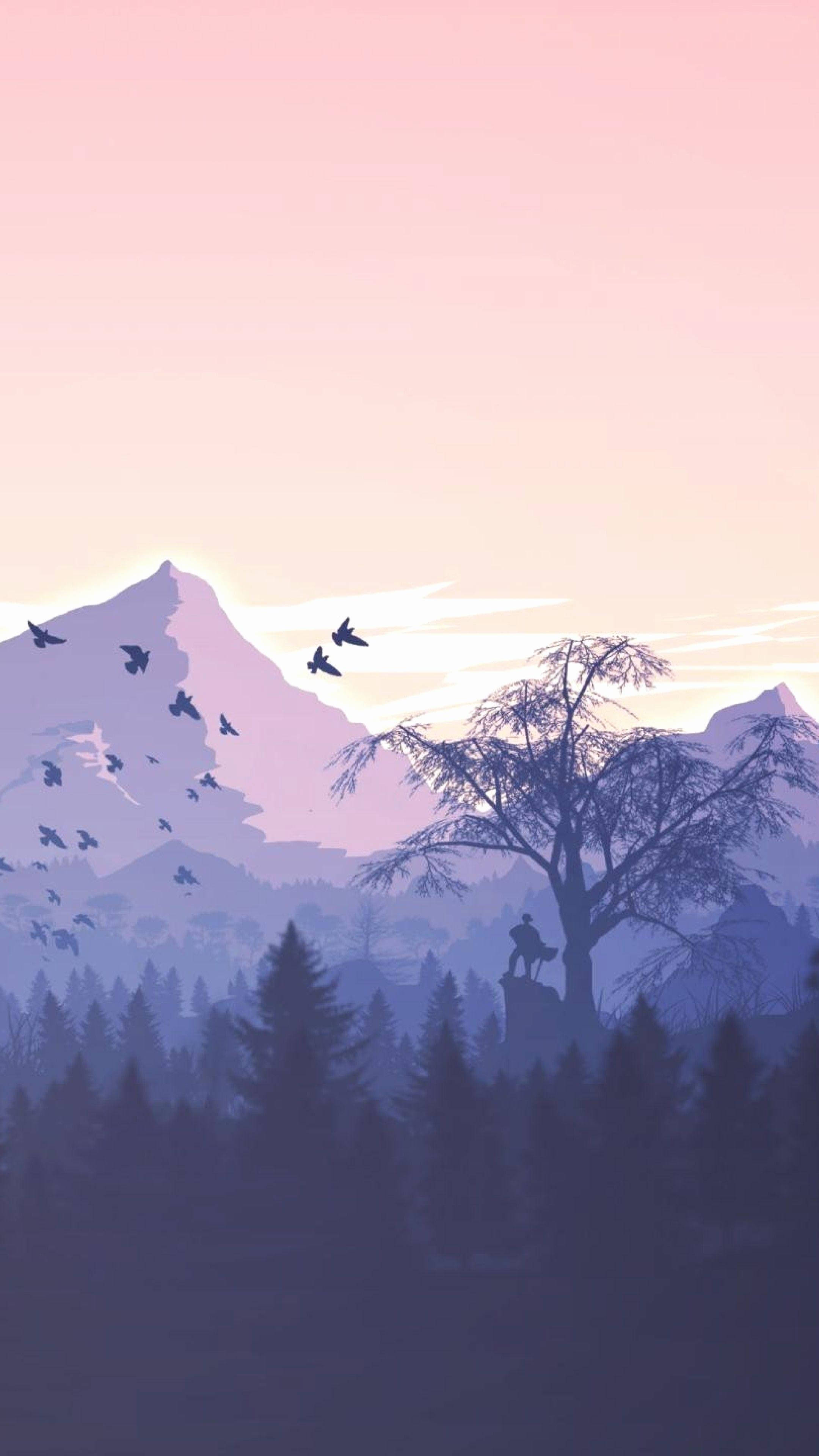 山景 桌布 壁紙 — 一個孤獨的身影坐在霧氣瀰漫的森林中的樹頂上，鳥兒在白雪覆蓋的山脈前飛過，天空呈現柔和的粉紅色日落。
