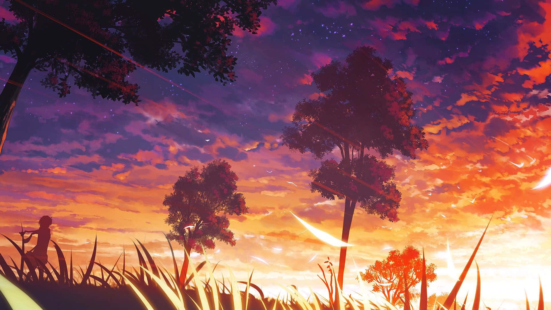 Anime Forest 桌布 壁紙 — 一個孤獨的身影坐在高高的草叢中，下方是充滿活力的暮色天空，帶有紫色、橙色和粉紅色的雲彩條紋，星星正在出現。