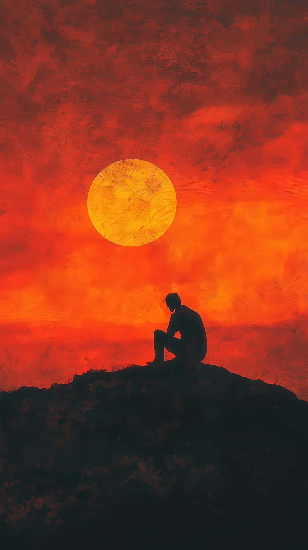 Solitary figure sitting on a hill against a vivid sunset sky 壁紙 — 一個孤獨的身影坐在黑暗懸崖上，以剪影形式凝視著一輪巨大的橙色月亮，背景是火紅紋理的天空。