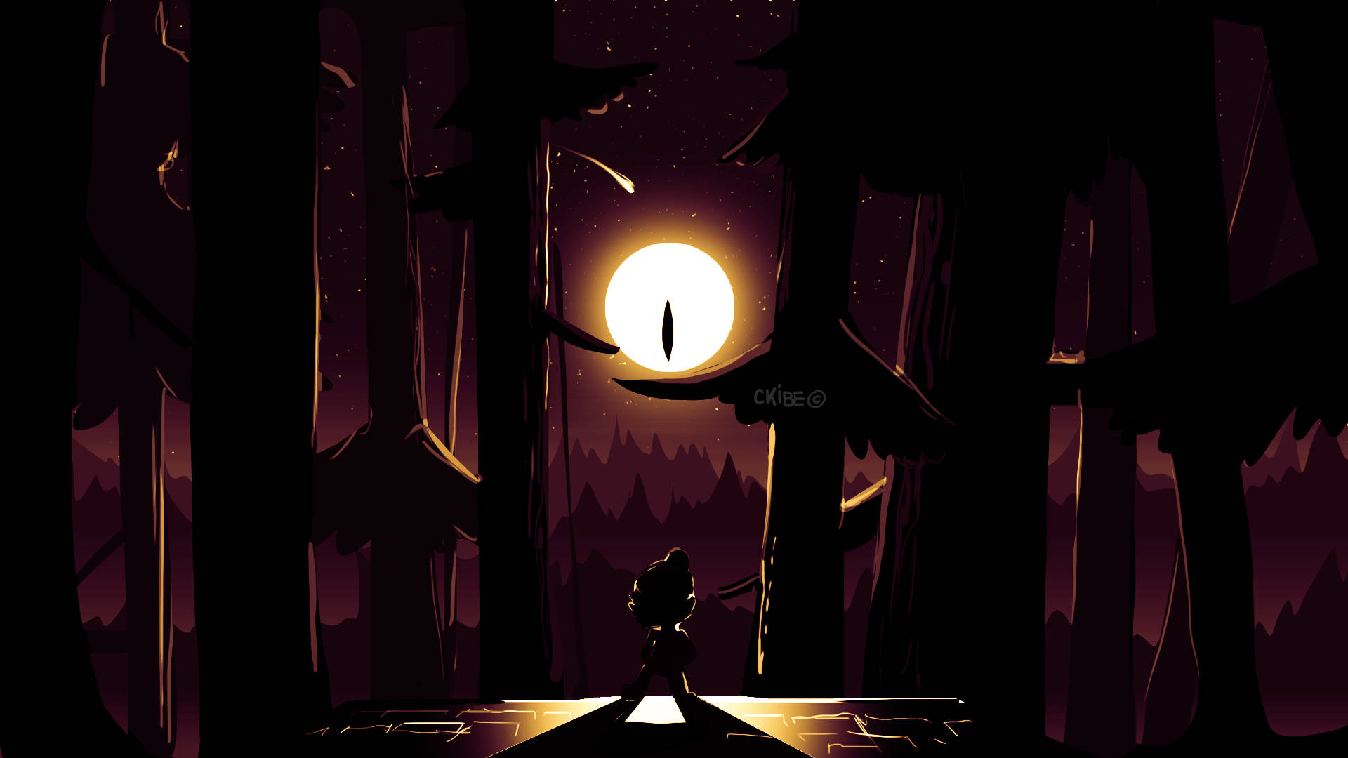 dipper pines 桌布 壁紙 — 一個孤獨的身影夜晚站在黑暗的森林中，仰望一輪形狀像貓眼的發光月亮。