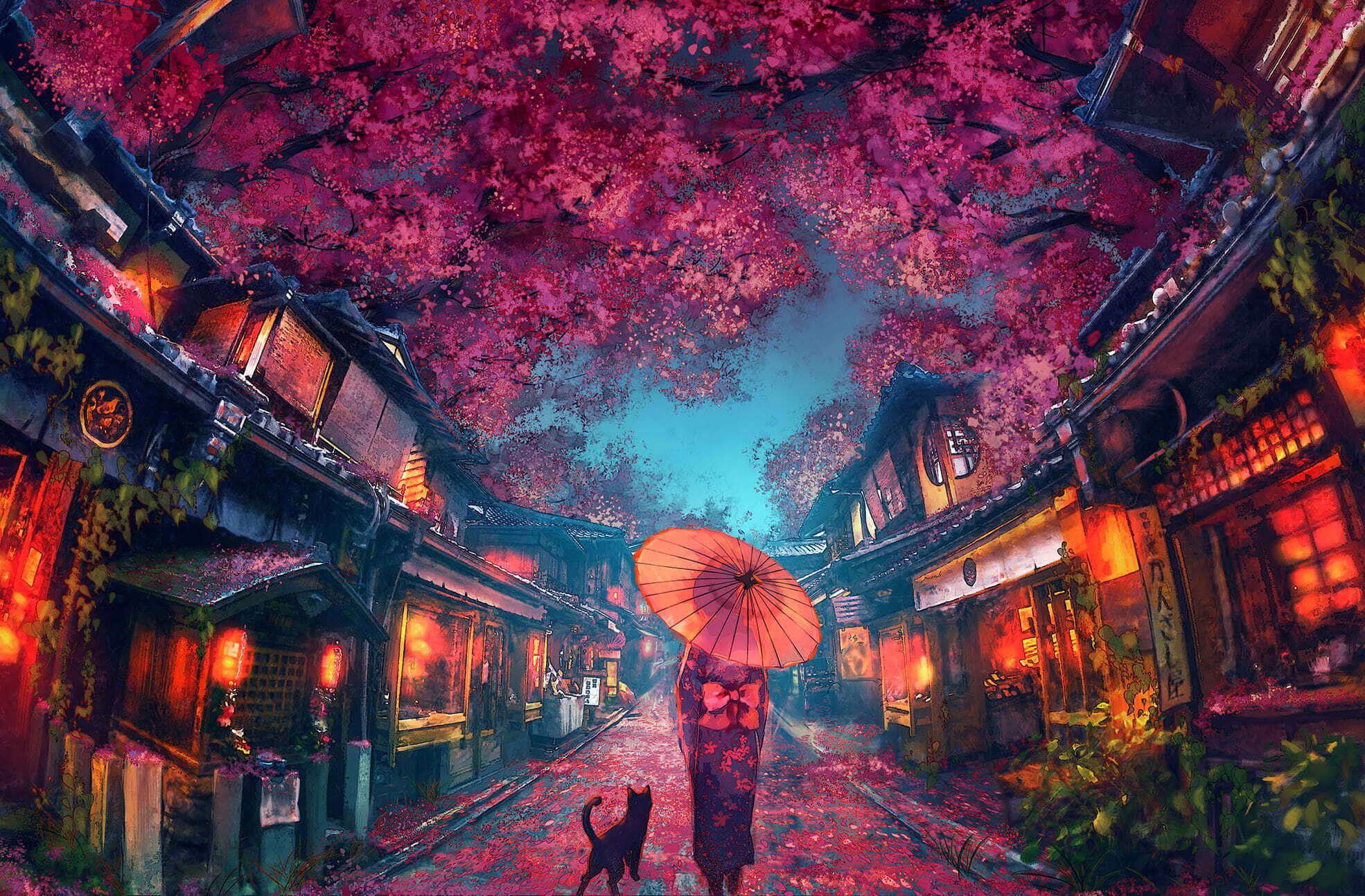 Anime Cherry Blossom 桌布 壁紙 — 一個孤獨的身影帶著一隻貓，在黃昏時分，走在溫暖燈光下的傳統日本街道，上方是充滿活力的粉紅色櫻花樹冠。