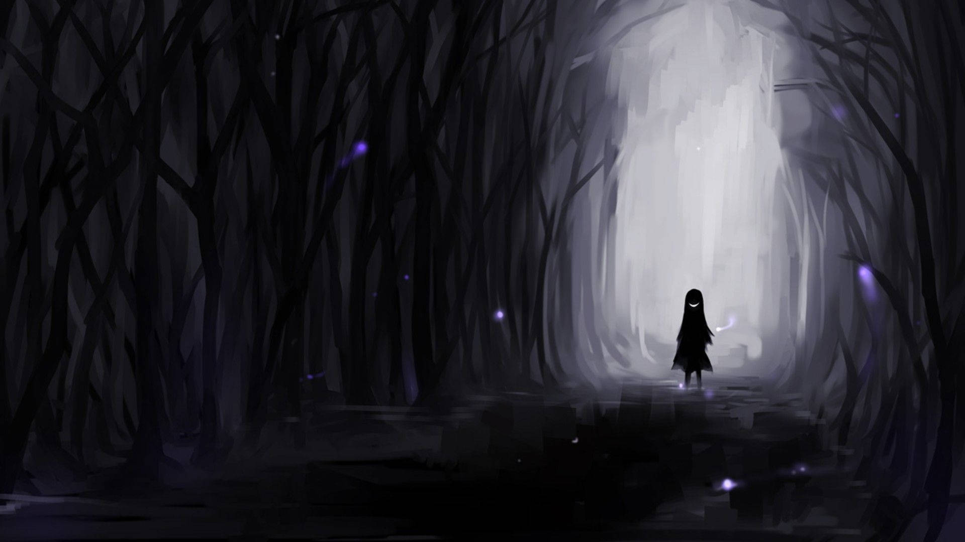 Creepy Anime 桌布 壁紙 — 一個孤獨的身影帶著發光的微笑站在黑暗森林的邊緣，沐浴在前方發光隧道中散發的虛幻光芒中。