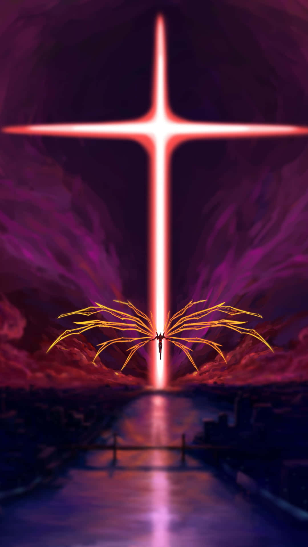 evangelion 4K 桌布 壁紙 — 一個孤獨的身影帶著發光的翅膀，站在一條反射路徑的盡頭，下方是超現實紫色天空中的光芒十字架。