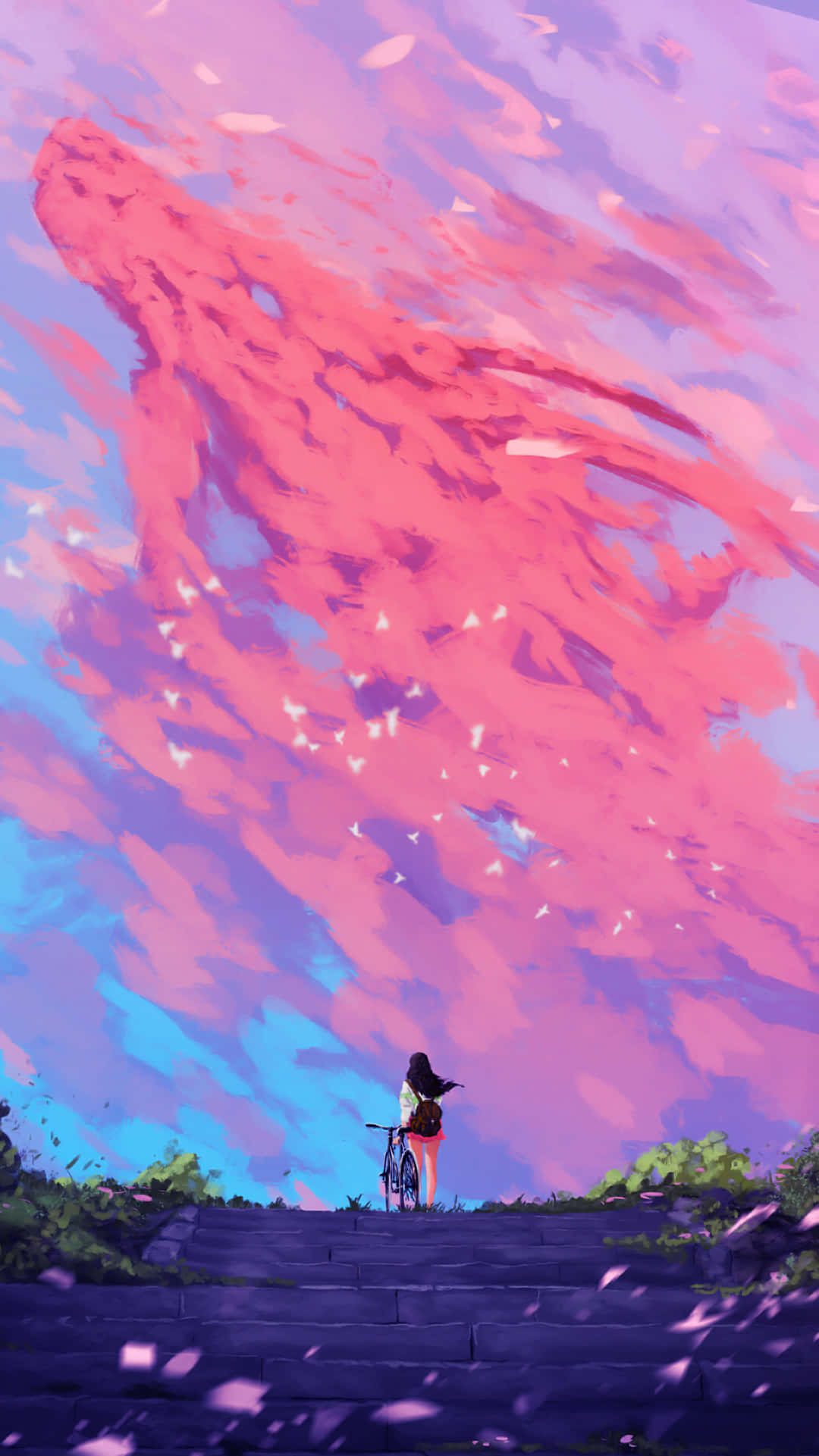 Pink Aesthetic Anime Phone 桌布 壁紙 — 一個孤獨的身影帶著腳踏車站在石階上，天空超現實，塗上鮮豔的粉紅和藍色調，花瓣飄落。
