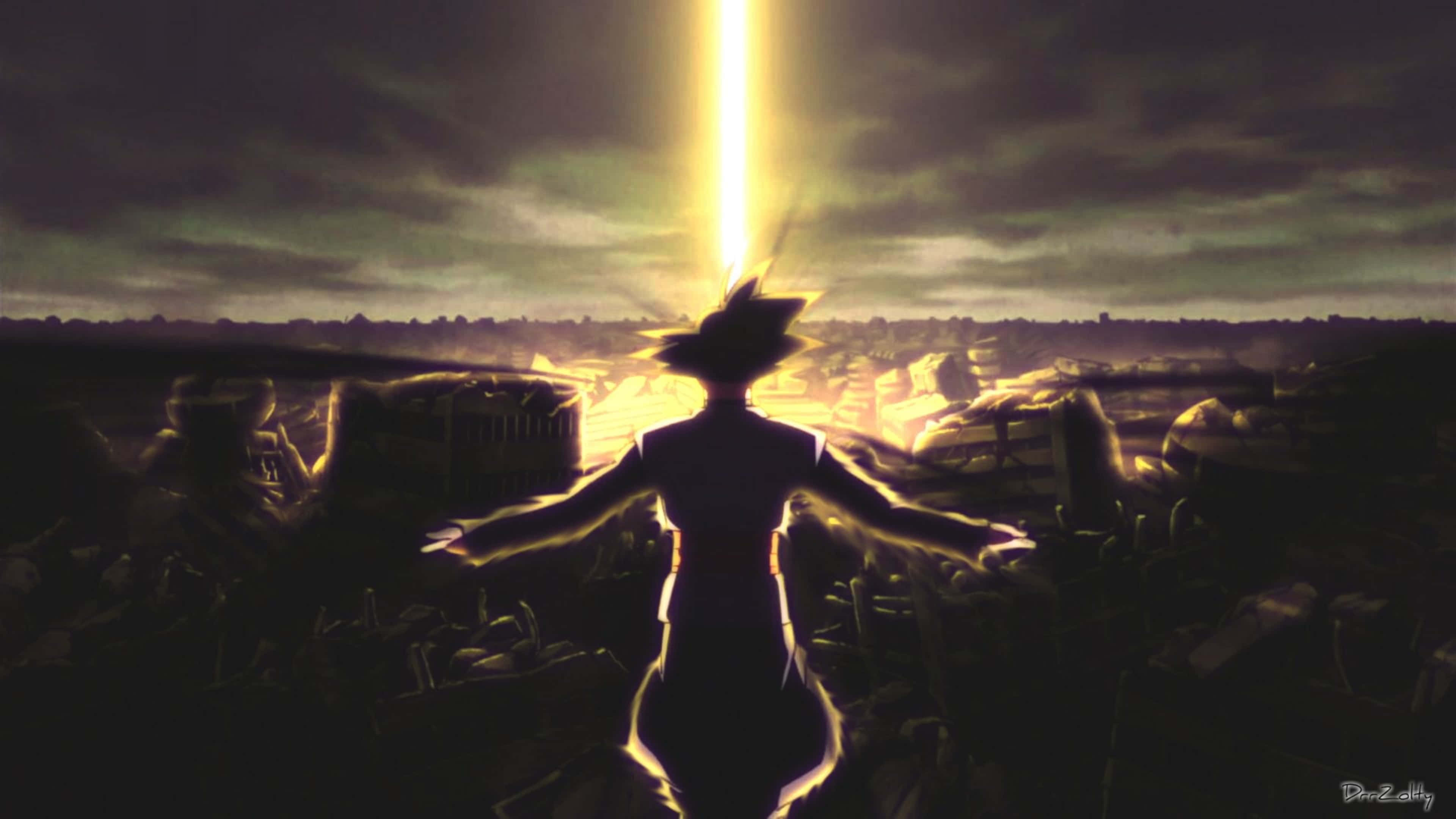 Goku Black 4K 桌布 壁紙 — 一個孤獨的身影張開雙臂，站在廢墟城市景觀之上，一道耀眼的光束穿透暴風雨的天空。