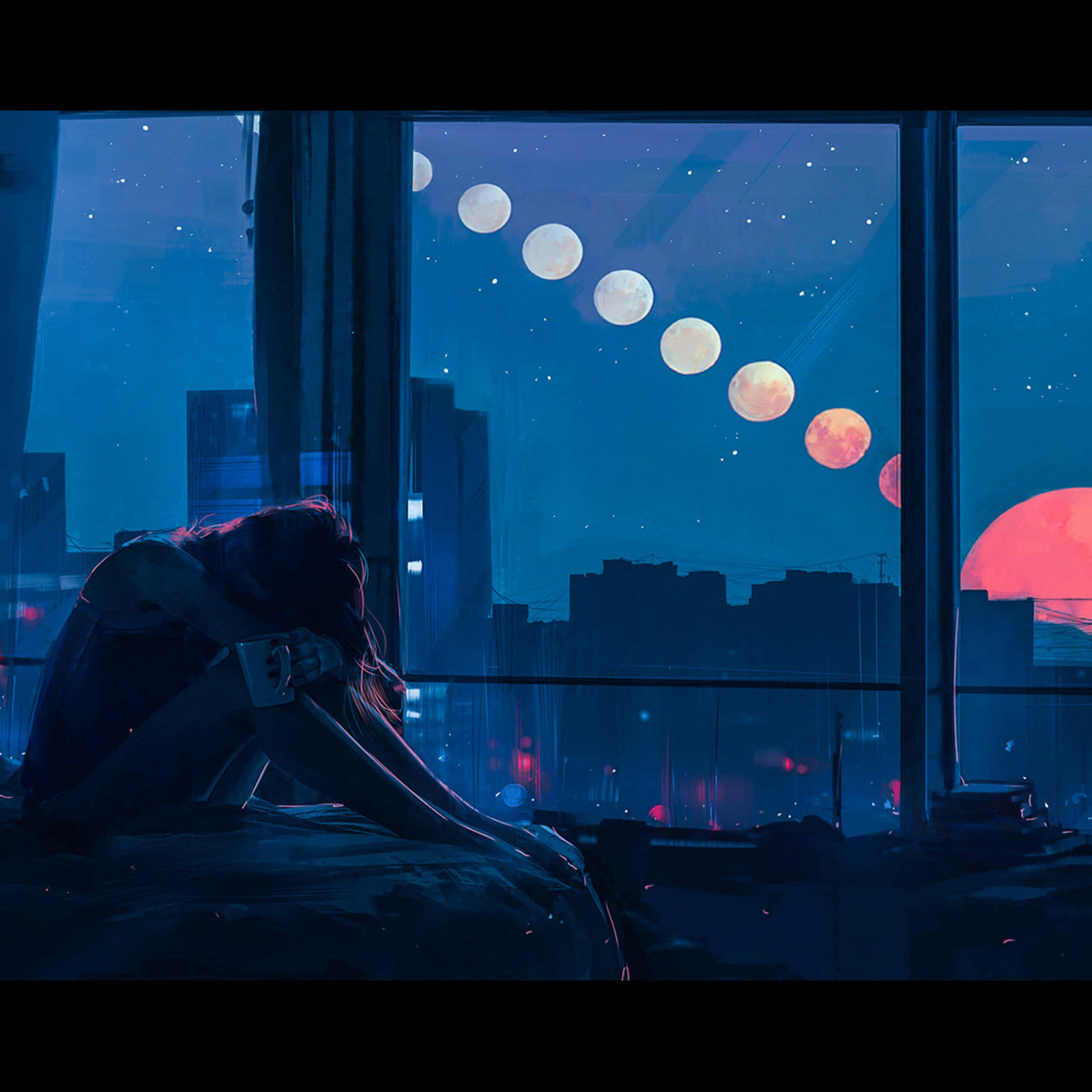 Depressed 桌布 壁紙 — 一個孤獨的身影彎腰坐在床上，凝視窗外超現實的夜空，有一串月亮和一顆發光的紅色太陽懸浮在城市景觀之上。