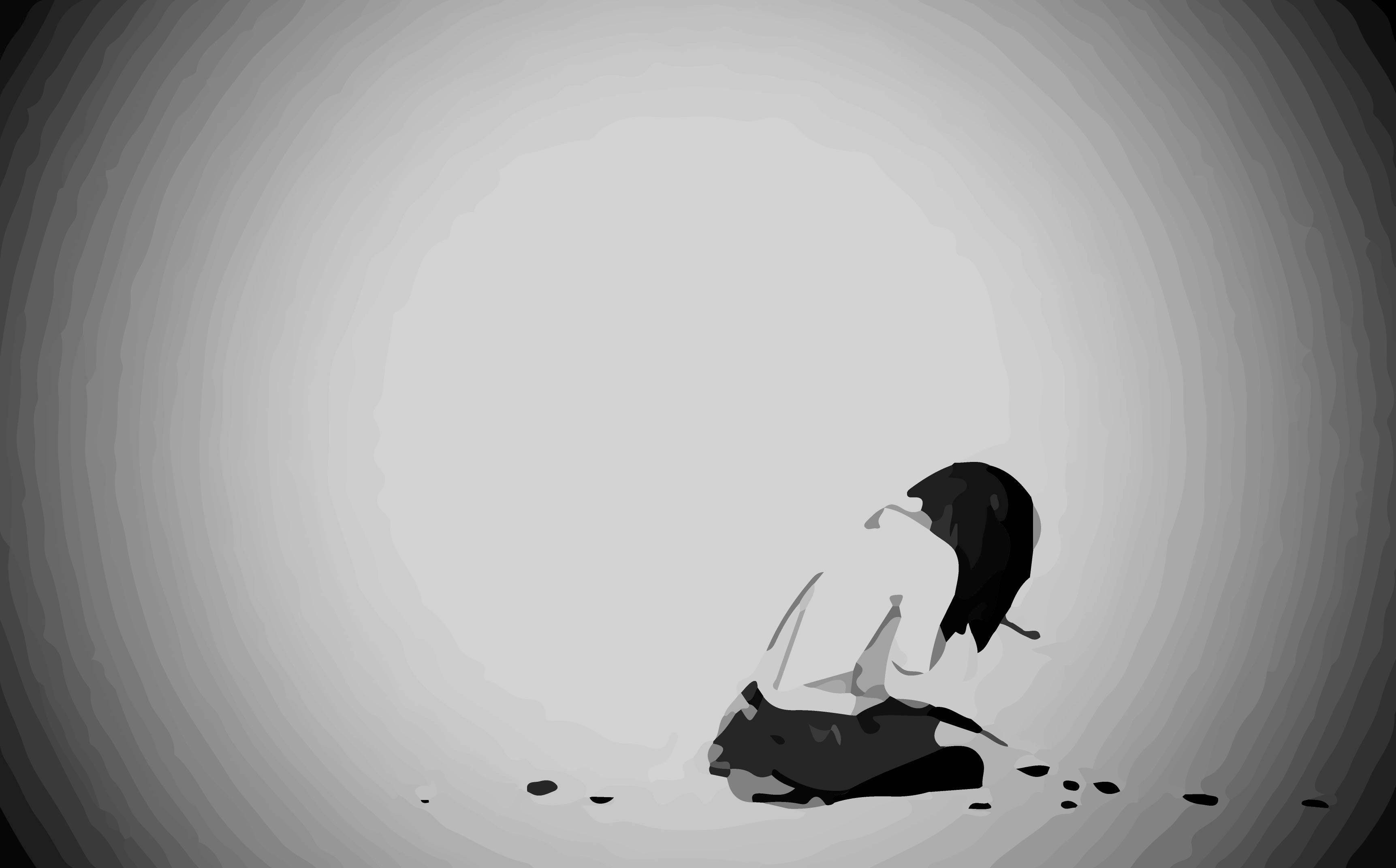 動漫女孩 桌布 壁紙 — 一個孤獨的身影彎腰坐在灰階中，周圍是柔和的徑向漸變背景。