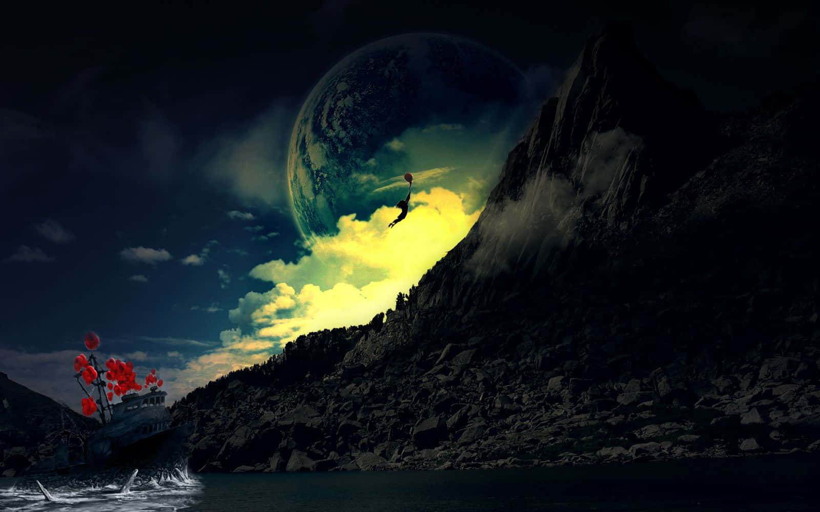 Imaginative 桌布 壁紙 — 一個孤獨的身影從懸崖上跳下，懸崖下有一顆巨大的發光行星，附近有紅色花朵盛開，船隻在黑暗的水域中。