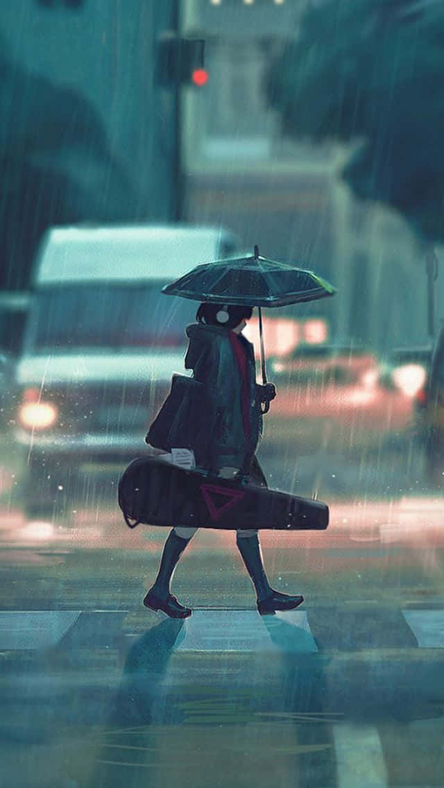 動漫女孩 桌布 壁紙 — 一個孤獨的身影戴著耳機，撐著雨傘，提著吉他盒，走過雨中的城市街道。