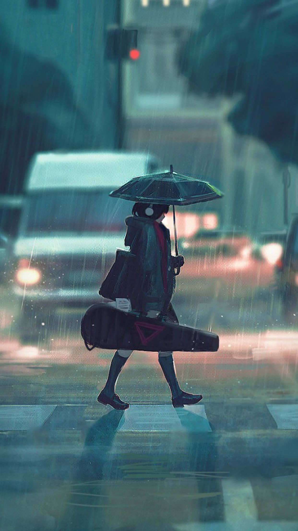 Rain Anime 桌布 壁紙 — 一個孤獨的身影戴著耳機，撐著雨傘，背著吉他盒，在雨中的城市街道上行走。