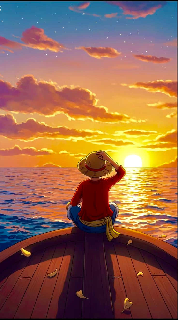one piece 壁紙 — 一個孤獨的身影戴著草帽坐在木船上，看著海洋上充滿活力的日落，附近散落著香蕉皮。