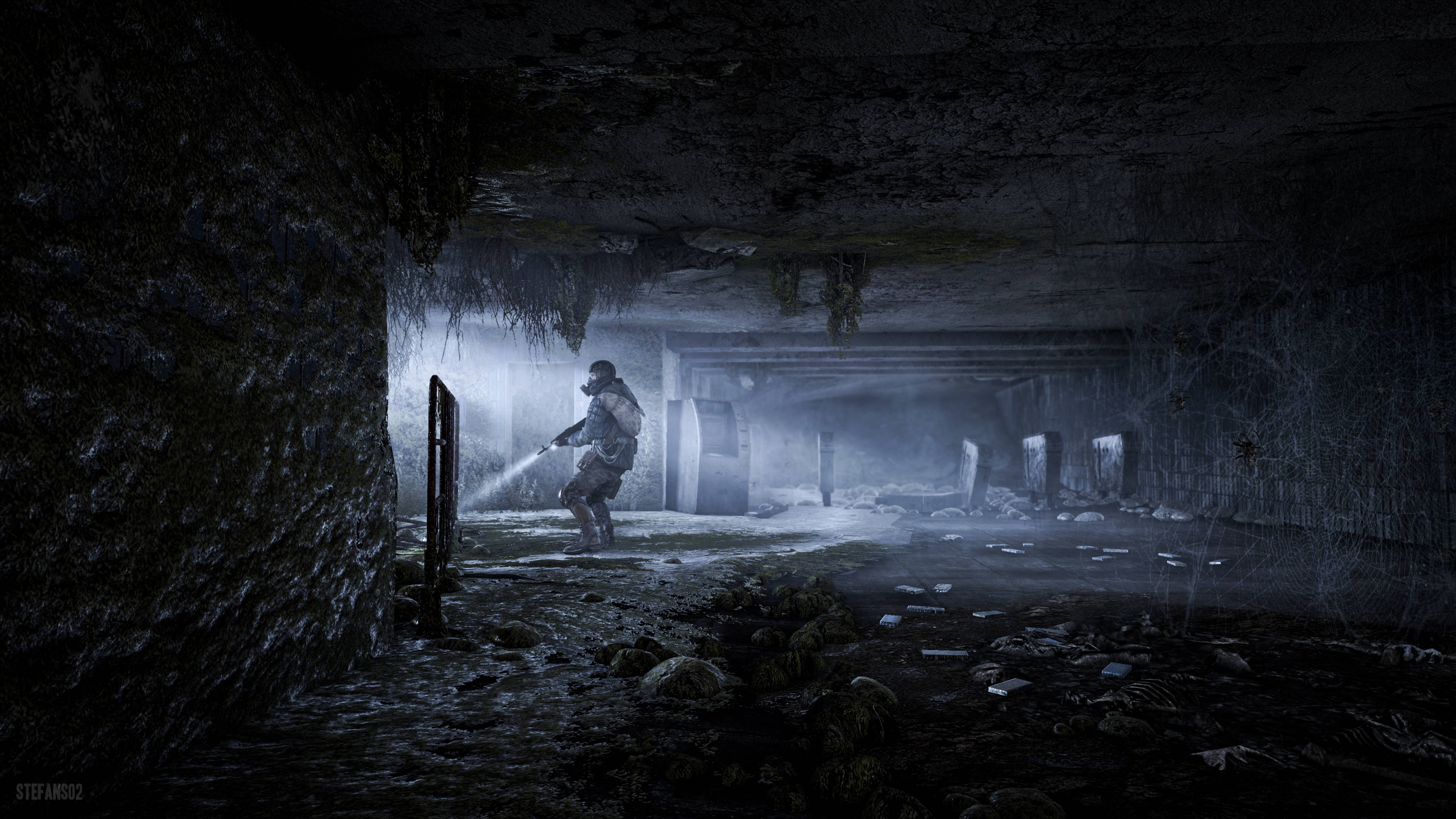 Metro Last Light 桌布 壁紙 — 一個孤獨的身影戴著防毒面具，在迷霧籠罩的廢棄地下隧道中揮舞武器。