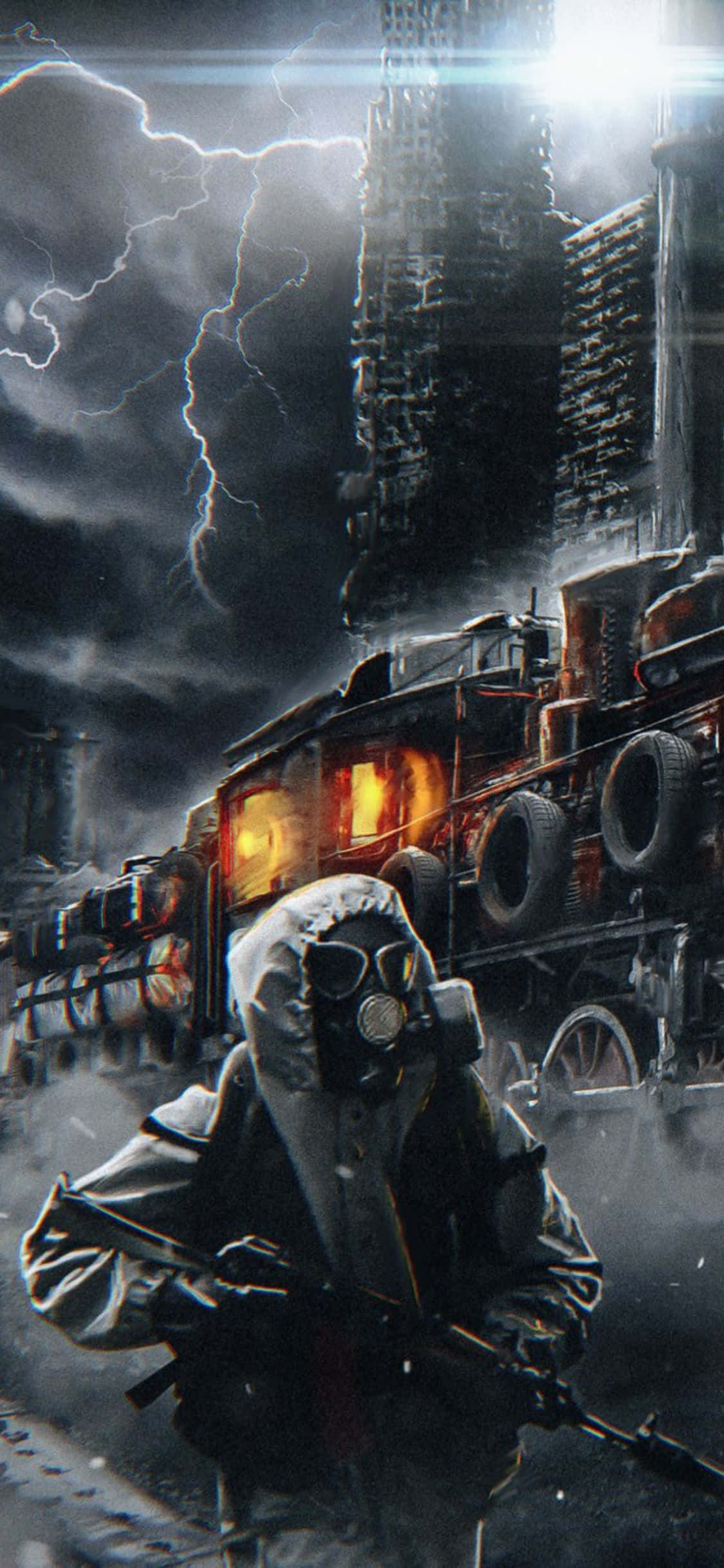 iPhone X Metro Exodus 桌布 壁紙 — 一個孤獨的身影戴著防毒面具，在閃電下走過廢墟城市，一輛發光的車輛佇立在風暴中。