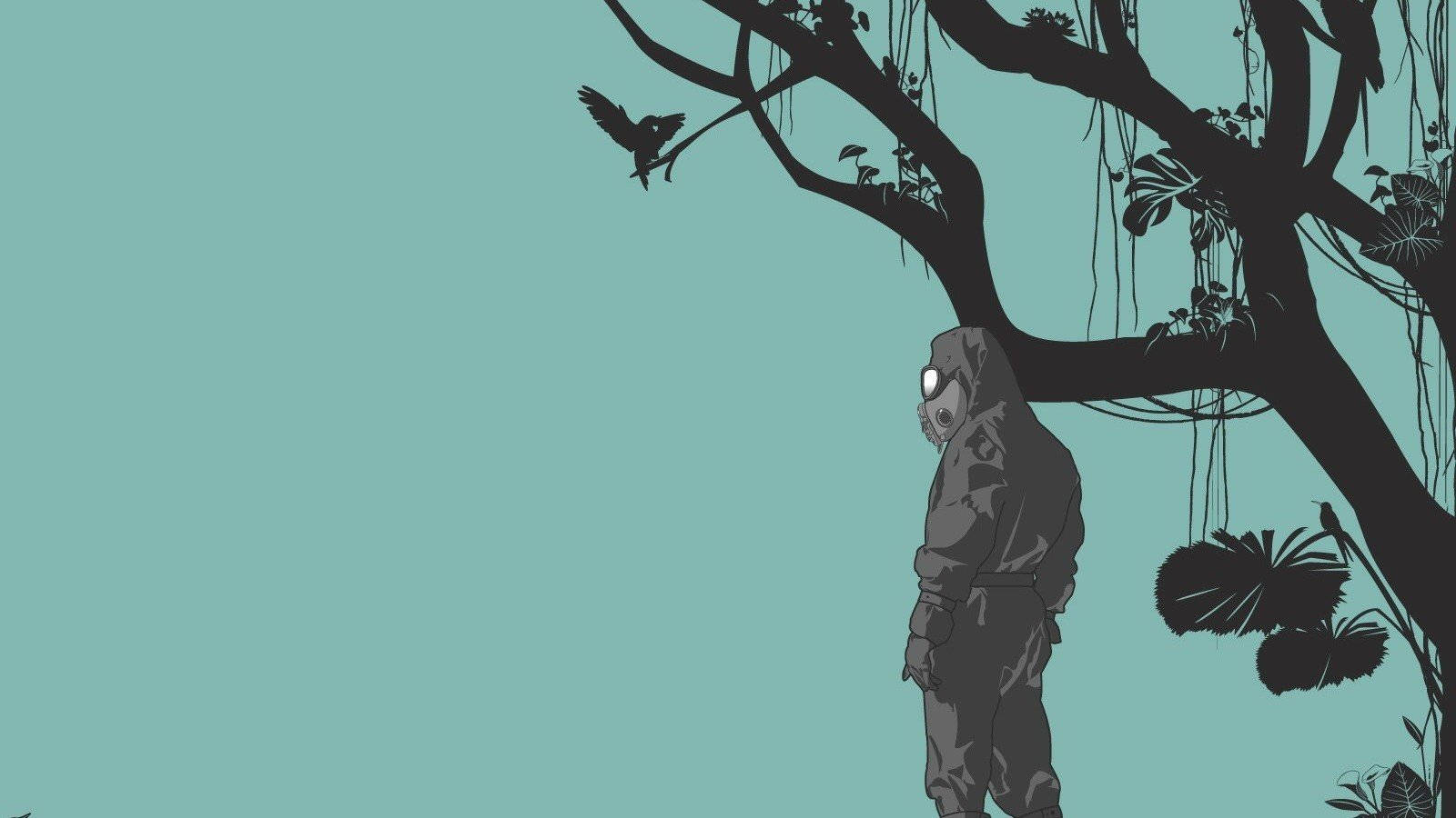 Silhouette 桌布 壁紙 — 一個孤獨的身影戴著防毒面具，站在一棵枝葉茂盛、藤蔓纏繞、樹枝上棲息著一隻鳥的樹下，背景是藍綠色的天空。