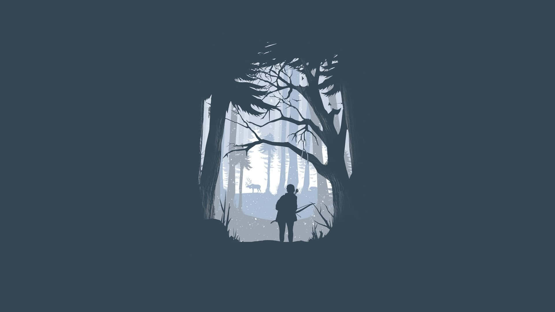 Minimal Art 桌布 壁紙 — 一個孤獨的身影手持劍，在森林邊緣以剪影呈現，被高聳的樹木環繞，背景是霧氣瀰漫的暮色天空。