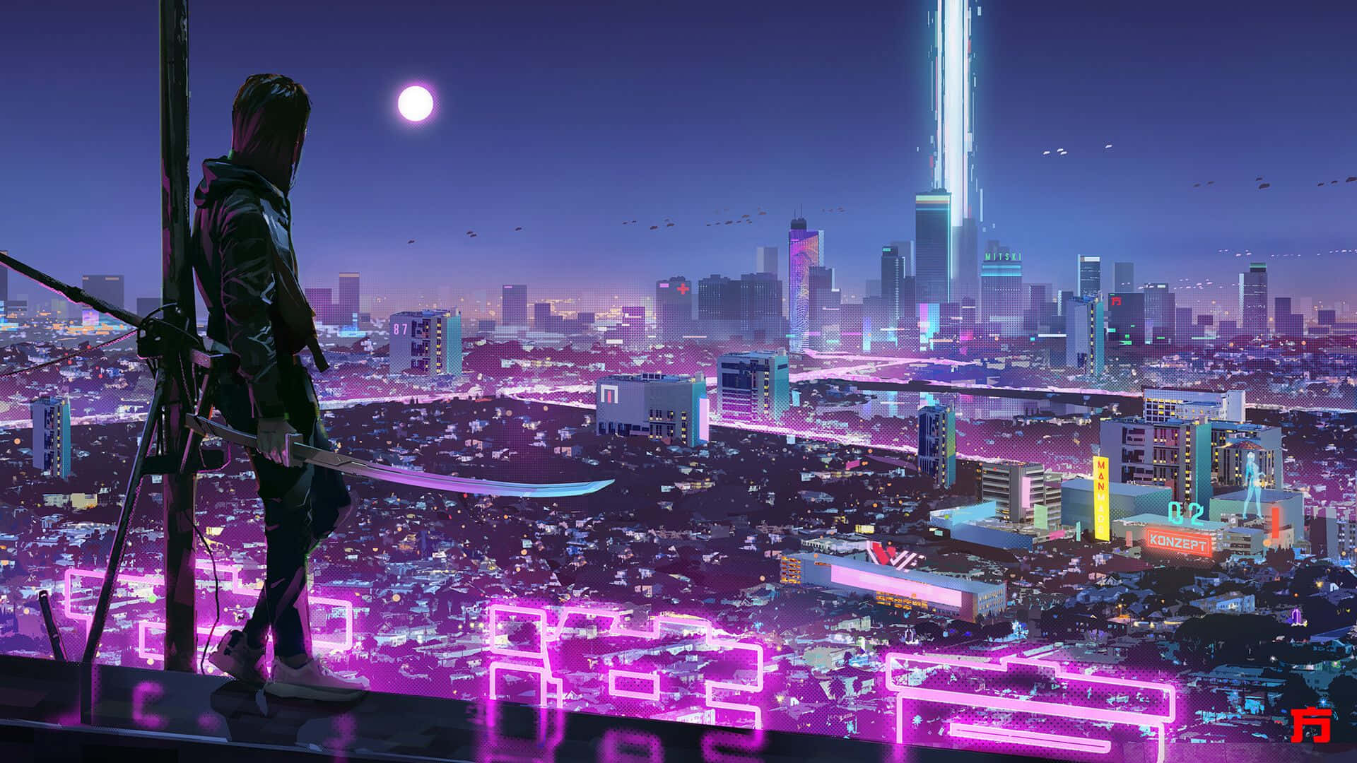 Cyberpunk Night City 桌布 壁紙 — 一個孤獨的身影手持劍，站在柱頂，俯瞰著月光下霓虹閃爍的賽博龐克城市景觀。