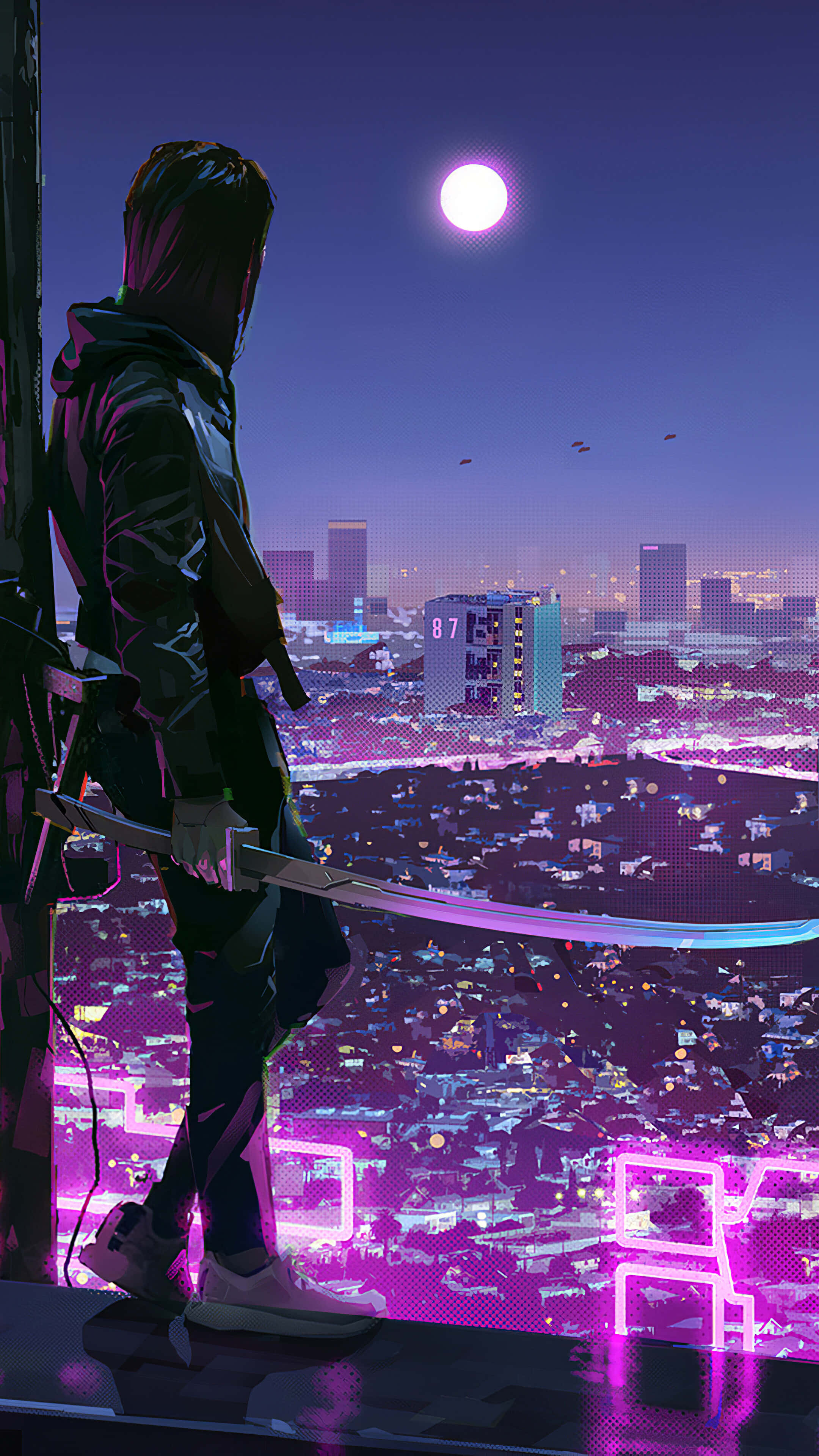 Neon Aesthetic Phone 桌布 壁紙 — 一個孤獨的身影手持武士刀站在屋頂上，俯瞰著霓虹閃爍的賽博龐克城市，月光皎潔。