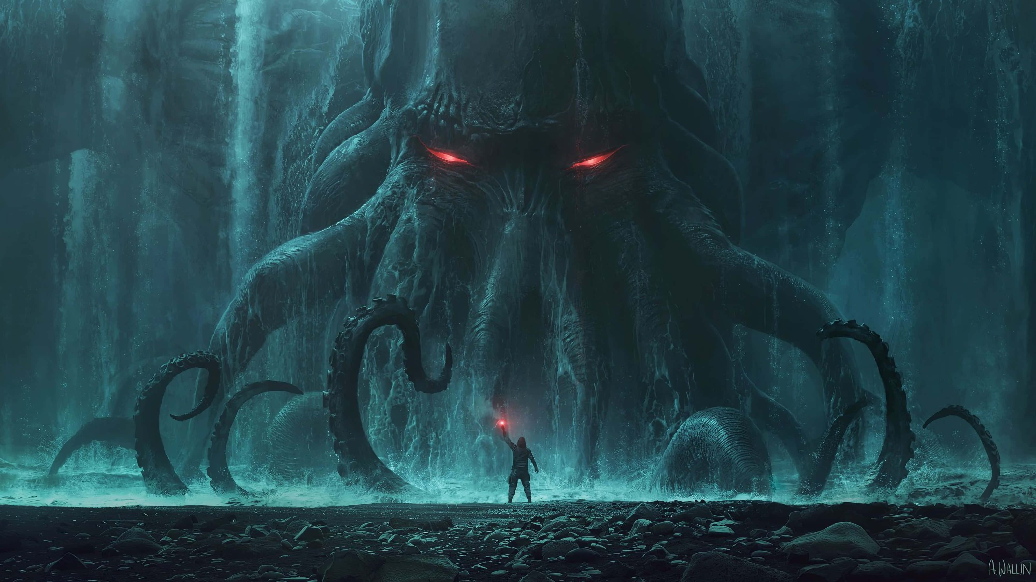 monsters 桌布 壁紙 — 一個孤獨的身影手持火炬，站在一個洞穴般的冰巢中，面對著一個擁有發光紅眼的巨大觸手怪物。